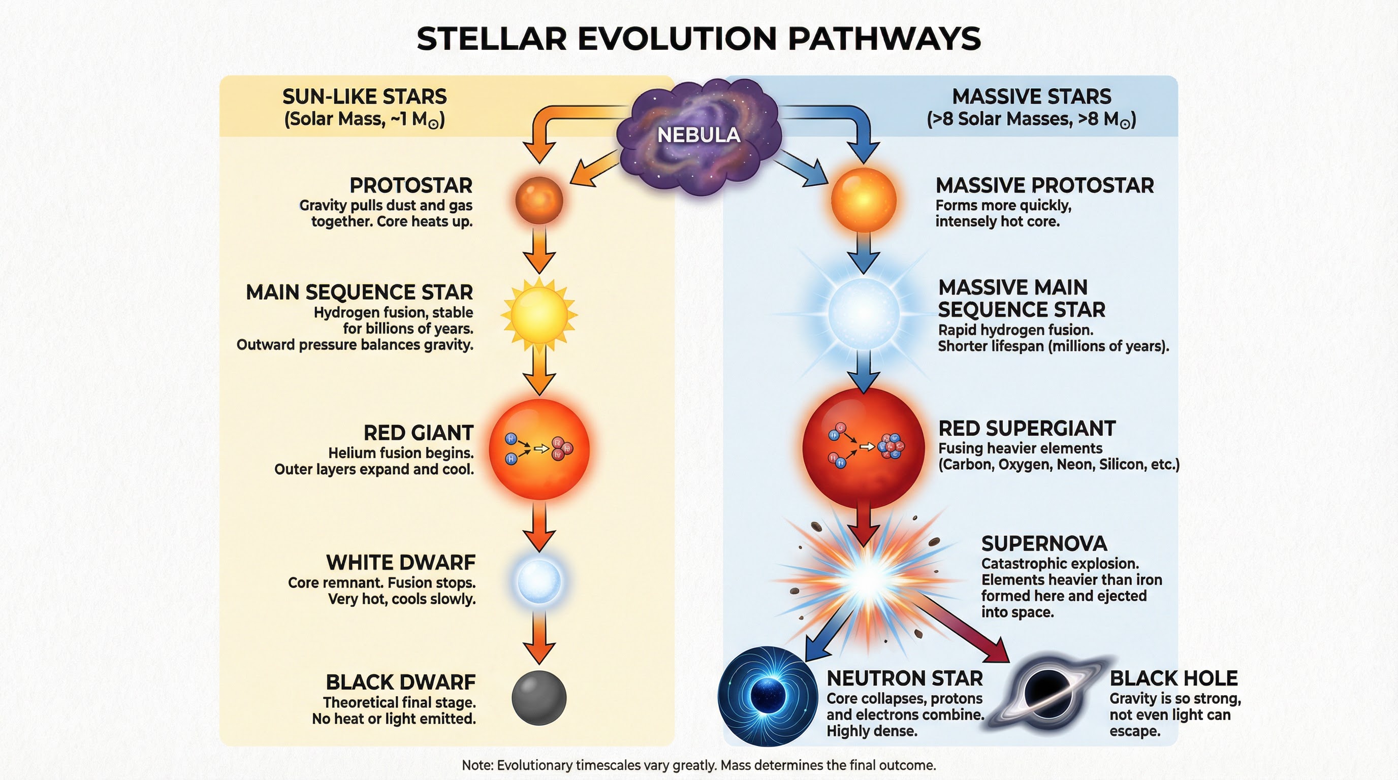 The life cycles of Sun-like and massive stars.