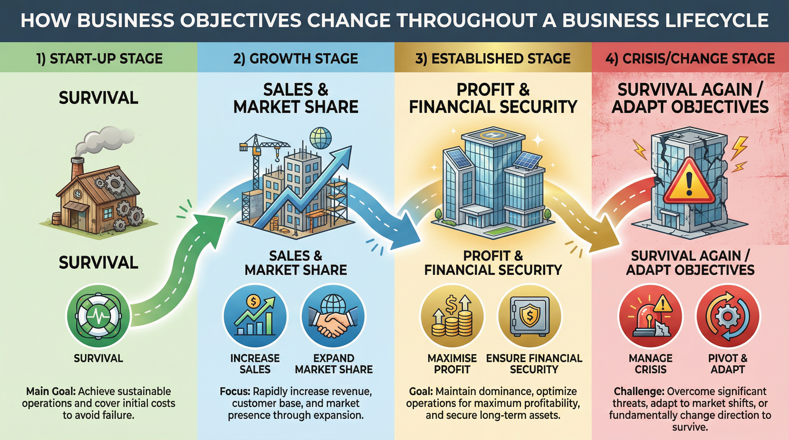 The evolution of business objectives over the business lifecycle.