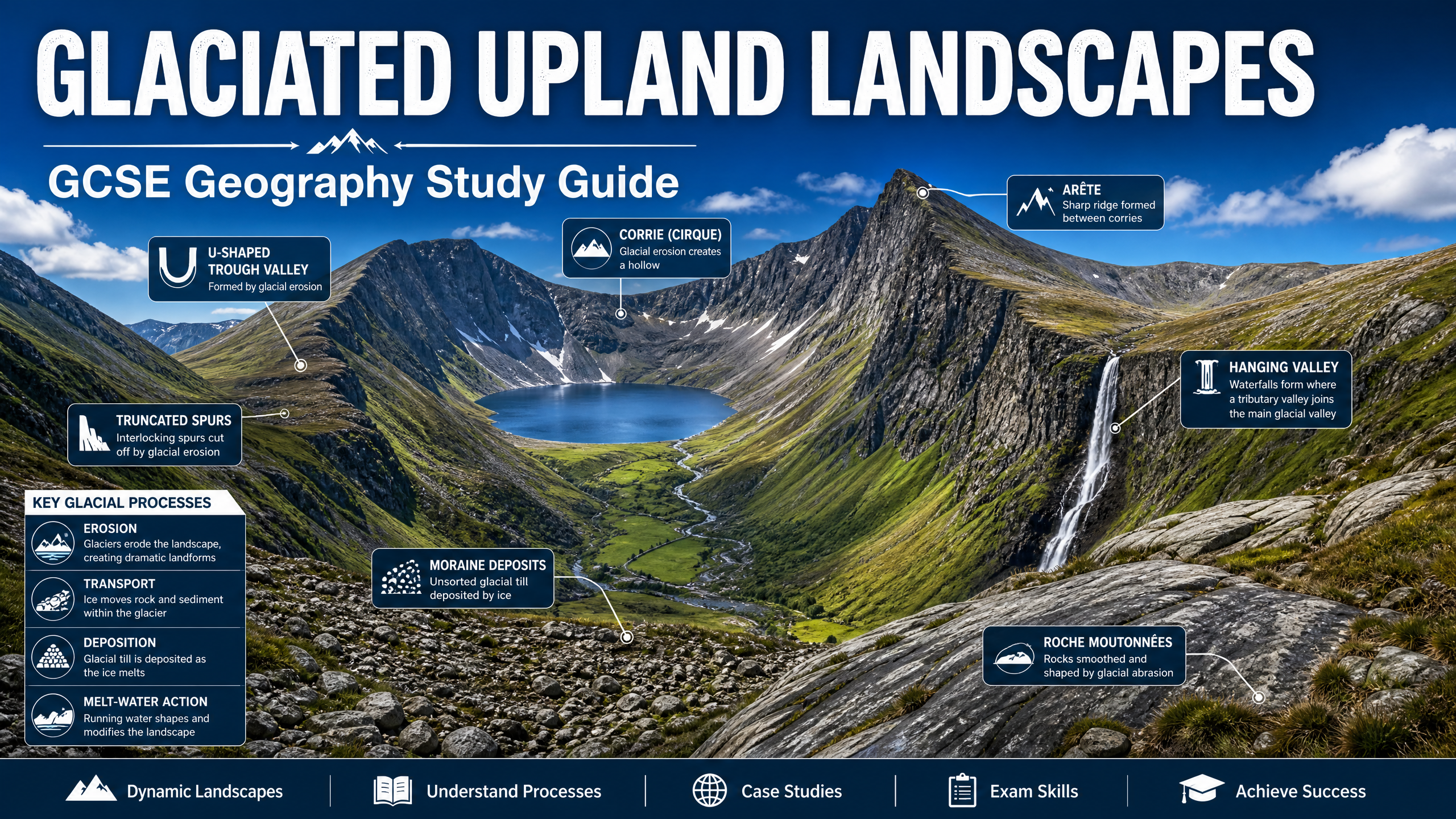 Key features of a glaciated upland landscape.