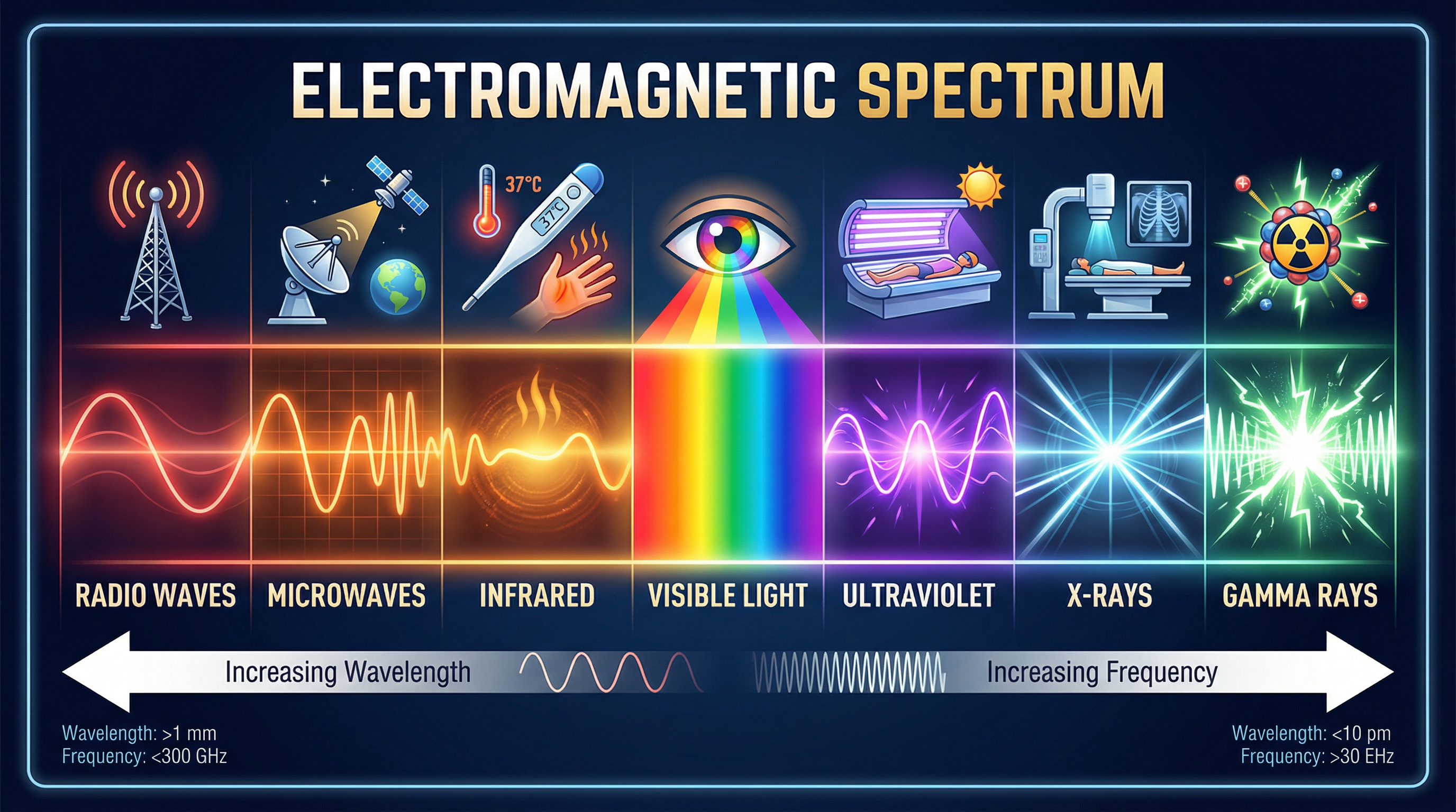 The Electromagnetic Spectrum: a visual guide to the seven types of EM waves, their properties, and applications.