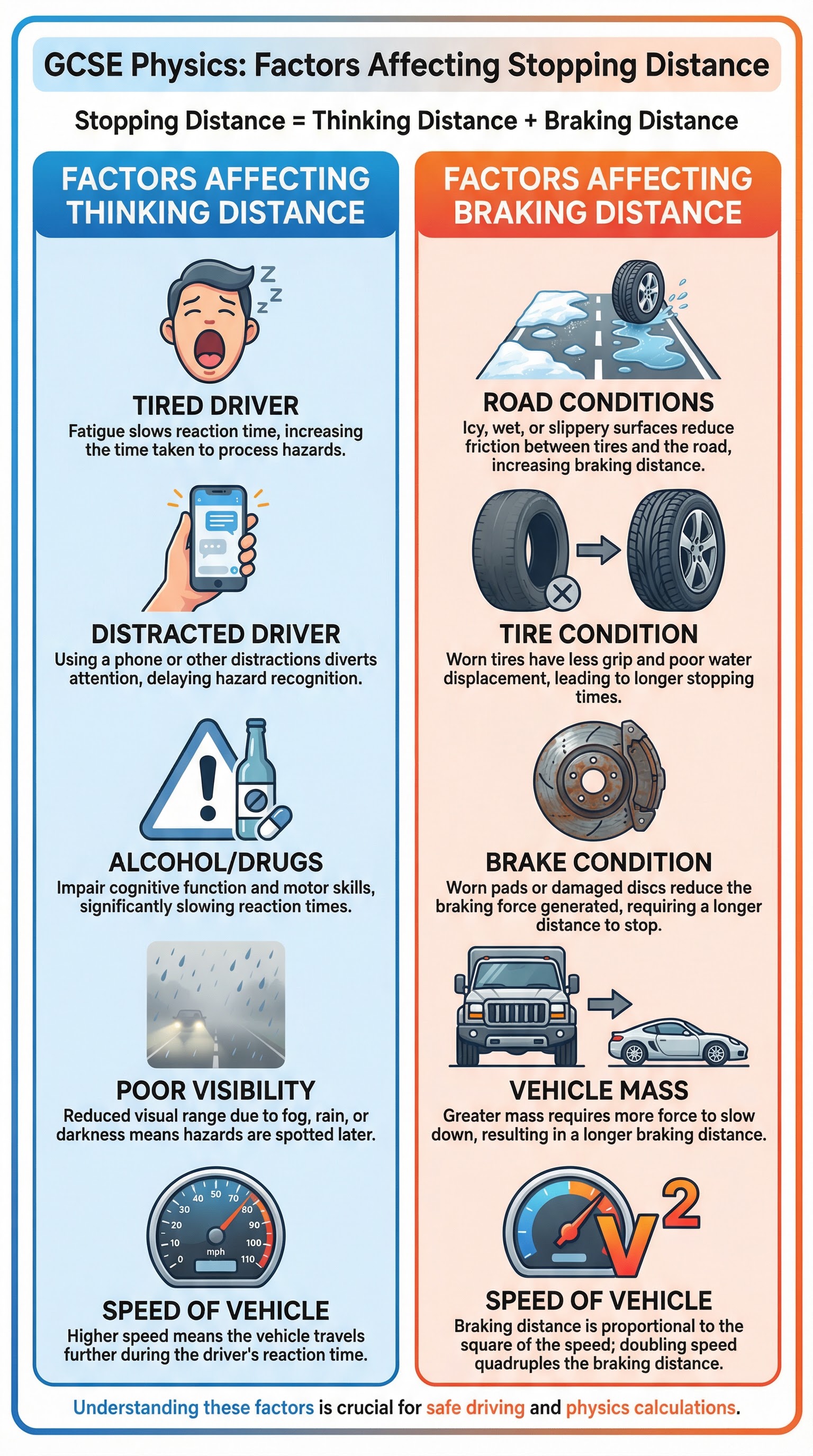 A summary of the factors affecting thinking and braking distance.