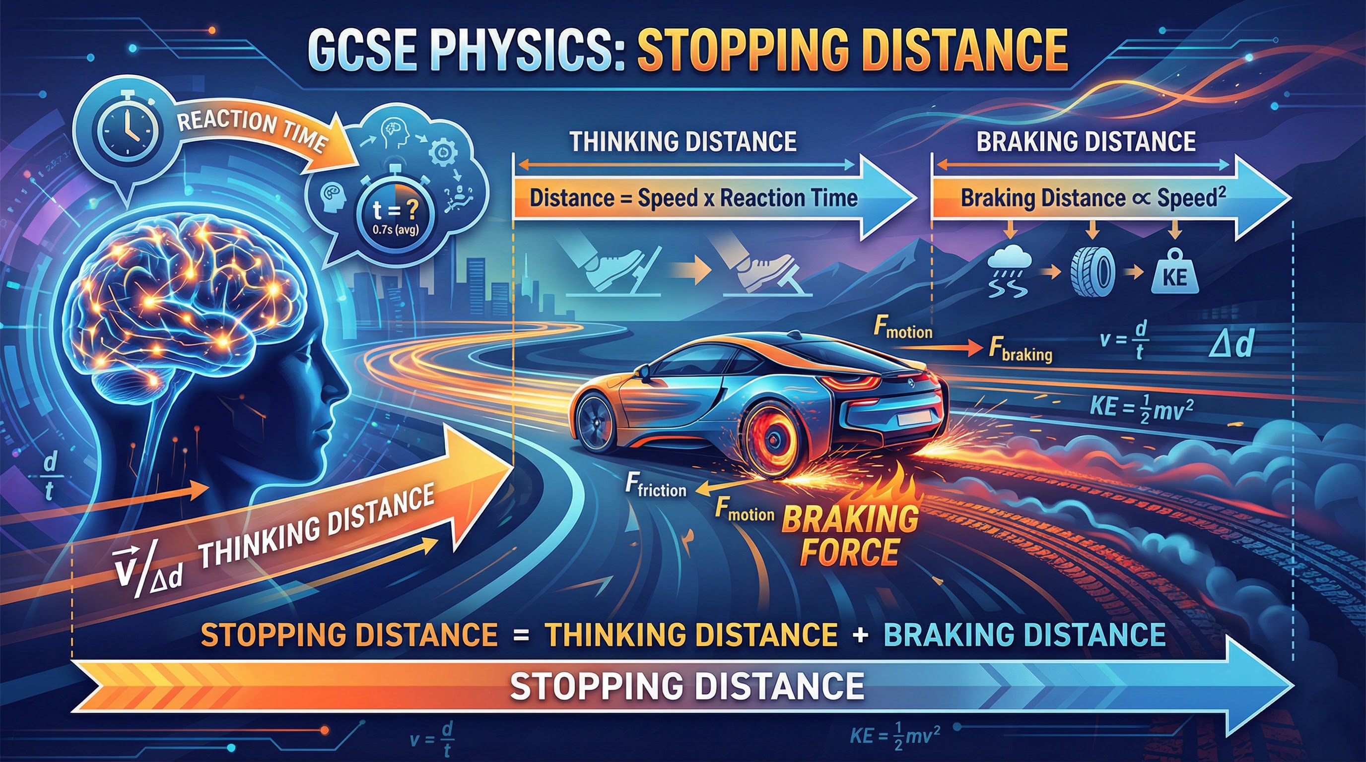 A visual summary of the key concepts in stopping distance.