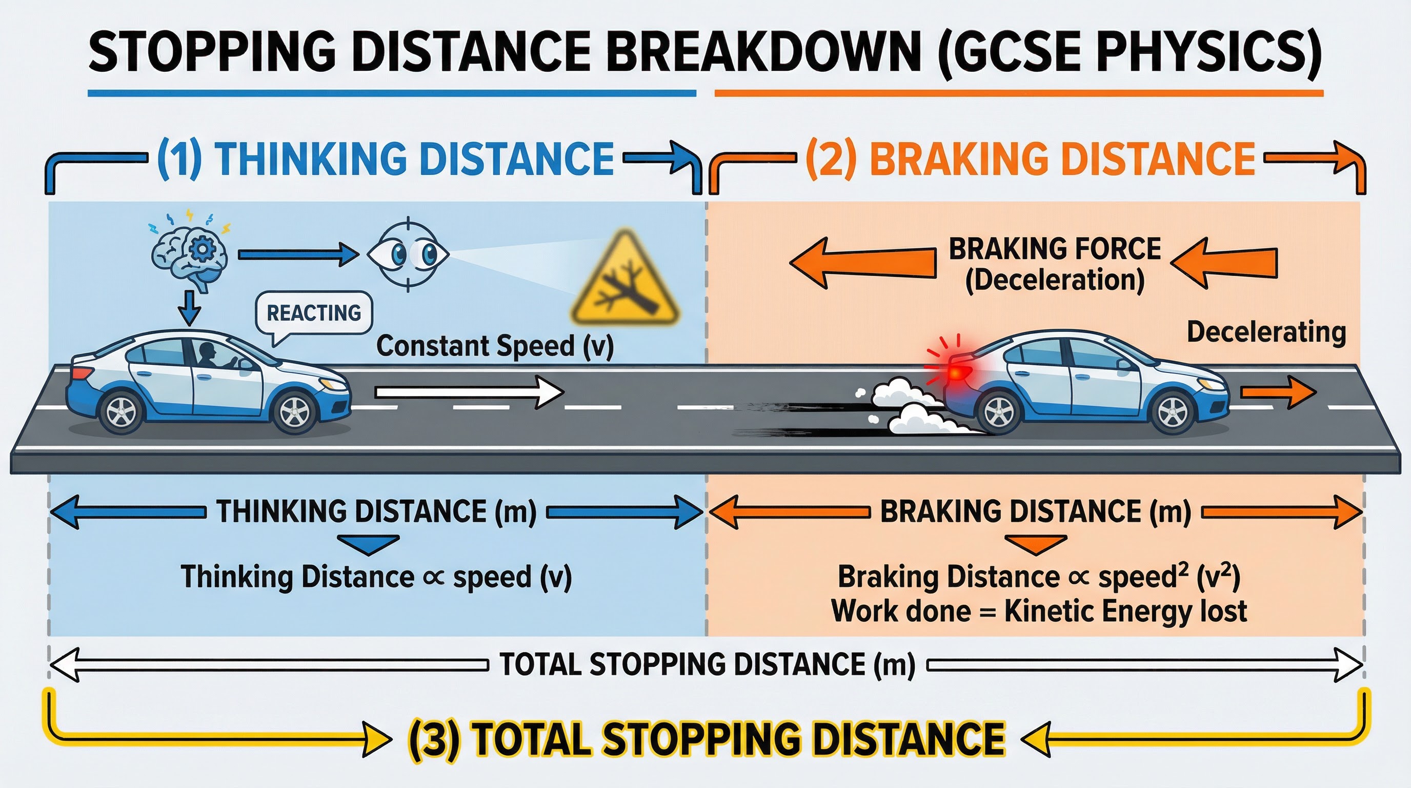 The breakdown of stopping distance into thinking and braking distance.