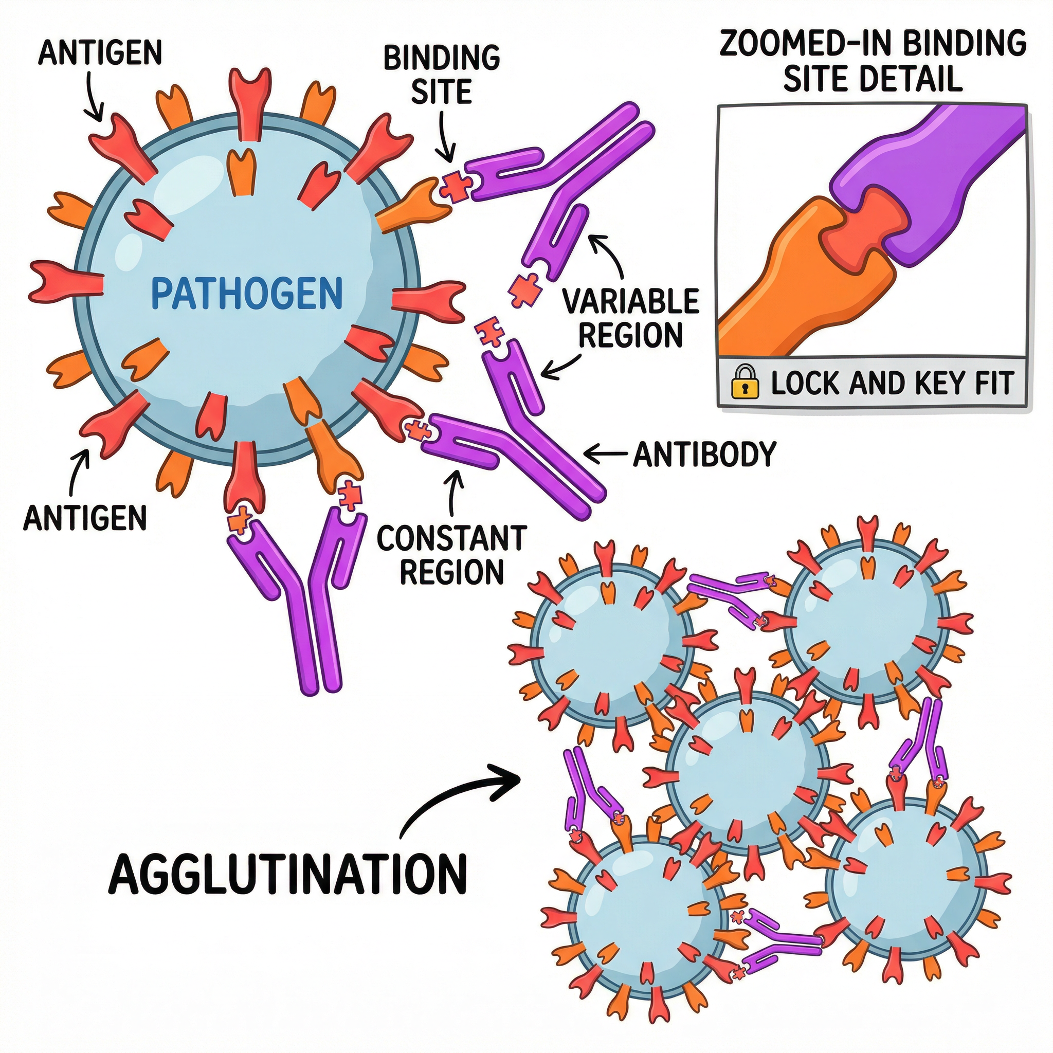 How specific antibodies bind to antigens on a pathogen's surface, leading to agglutination.