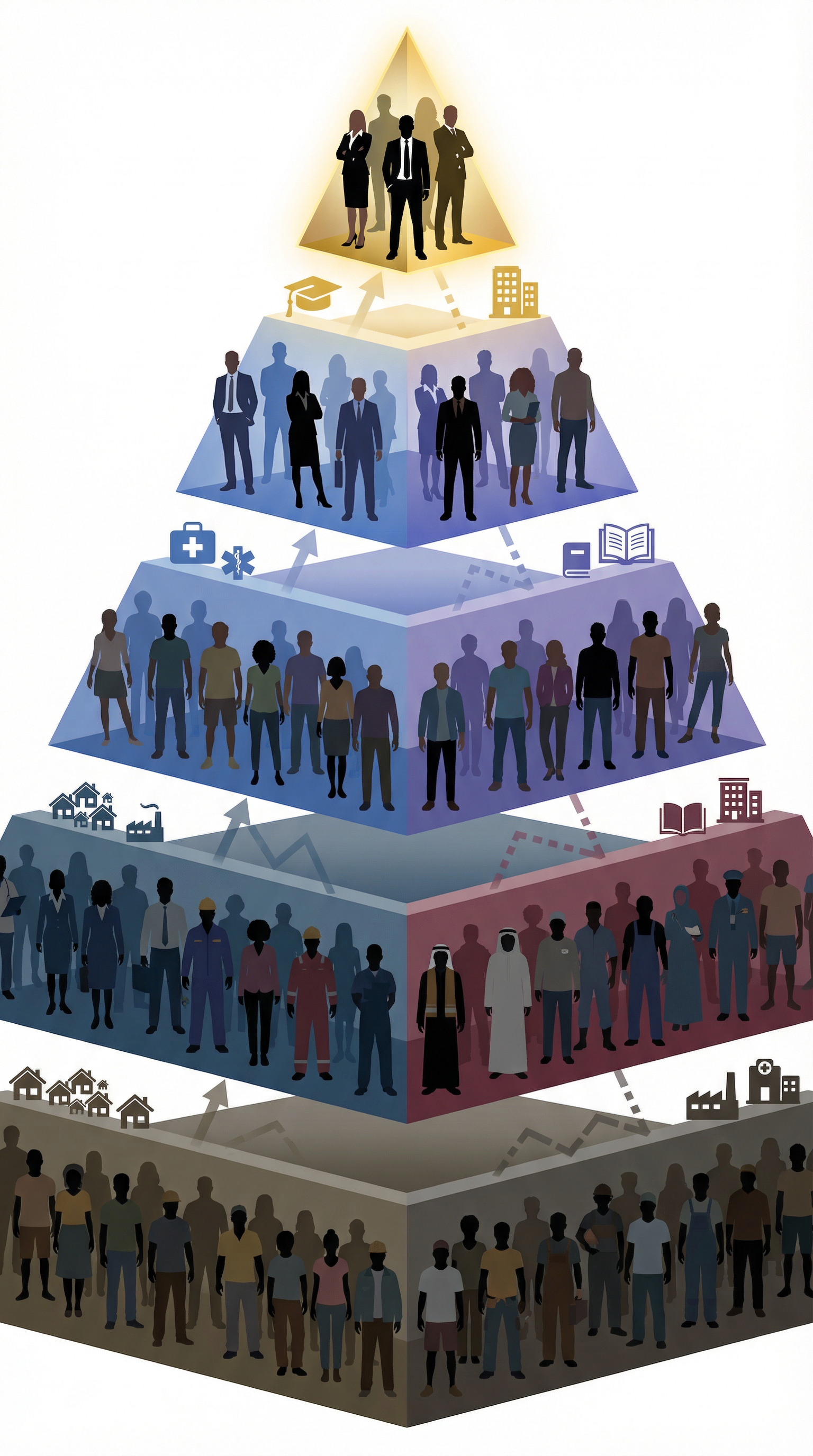 Social stratification pyramid showing ethnic minority concentration in lower social classes.