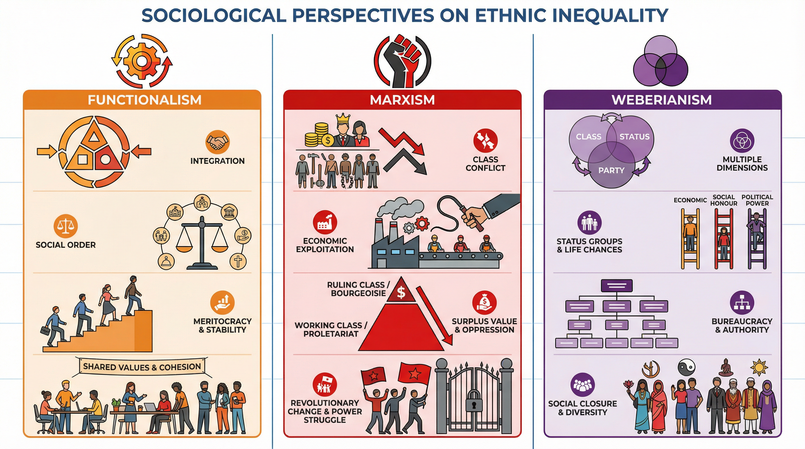 Comparing sociological perspectives on ethnic inequality.