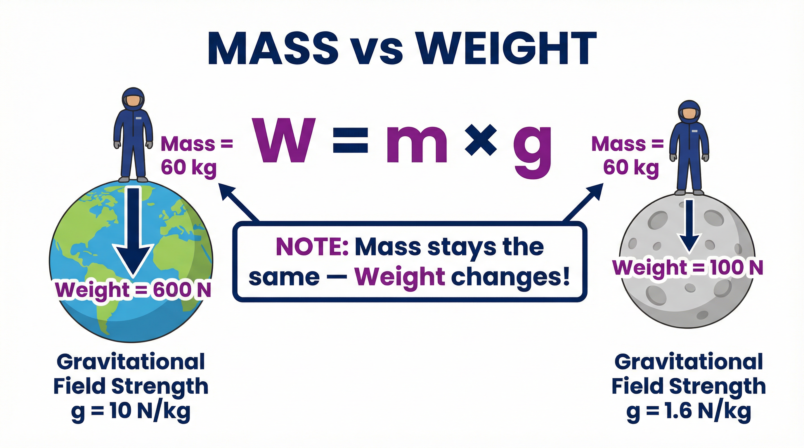 Mass is constant; Weight changes with gravity.