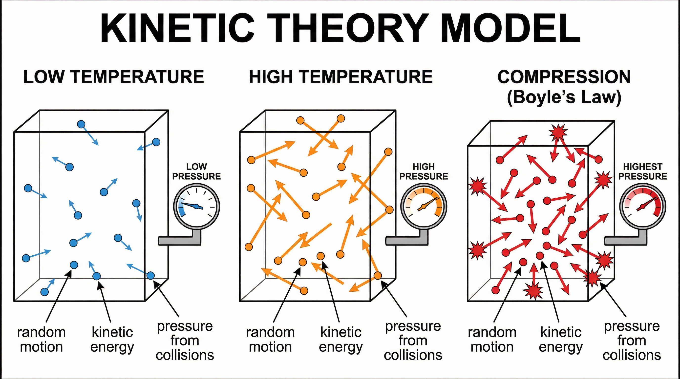 The Kinetic Theory Model: comparing temperature and compression effects on gas particles.