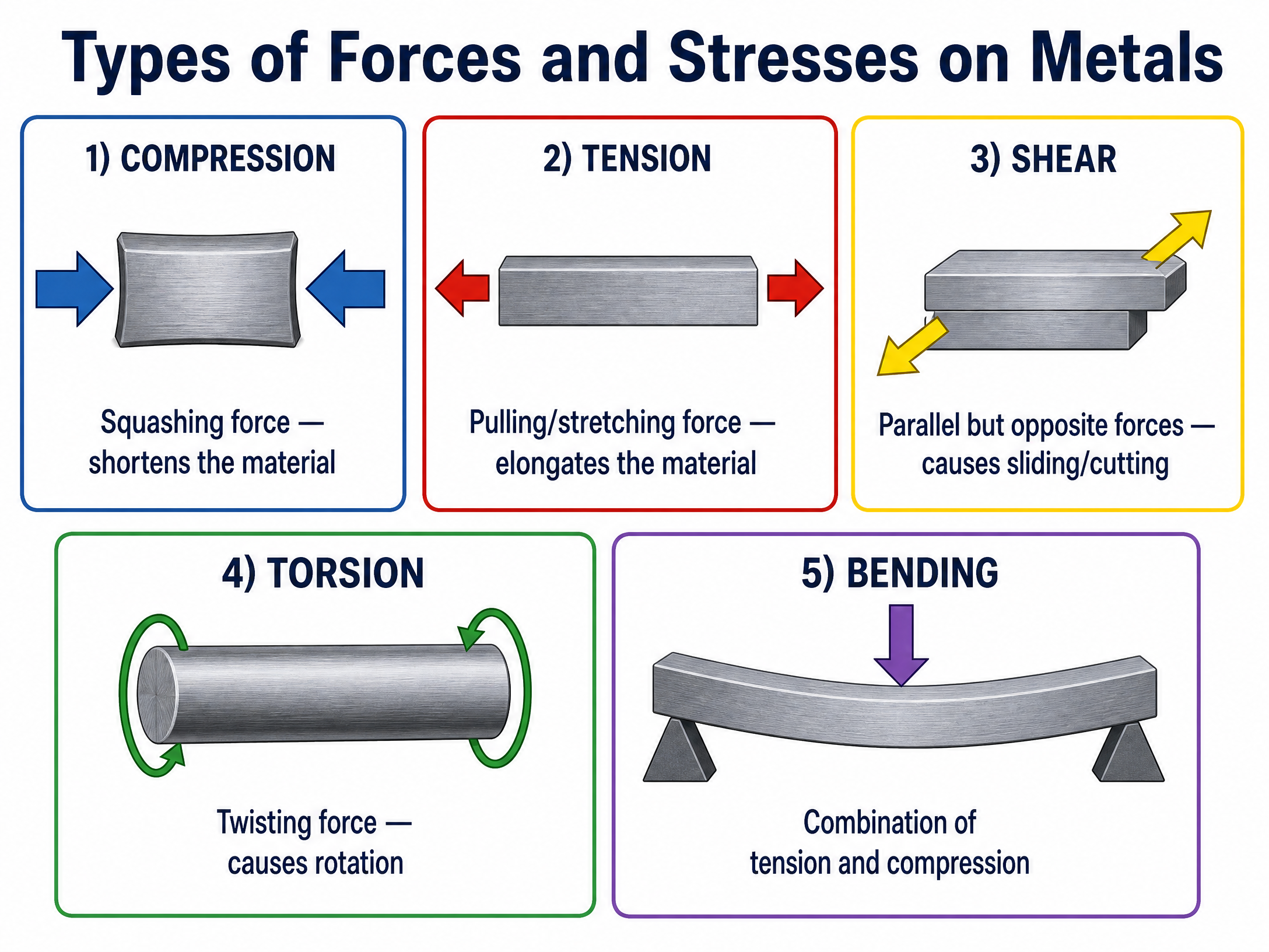 Types of Forces and Stresses on Metals