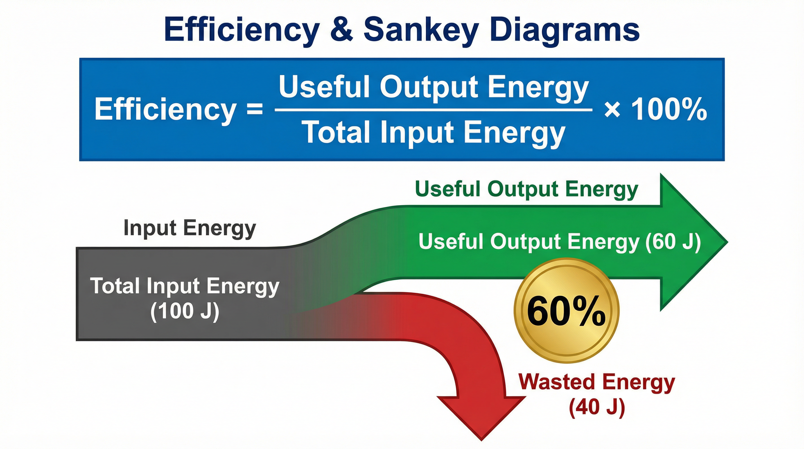 Efficiency is the ratio of useful output to total input, often visualised with a Sankey diagram.