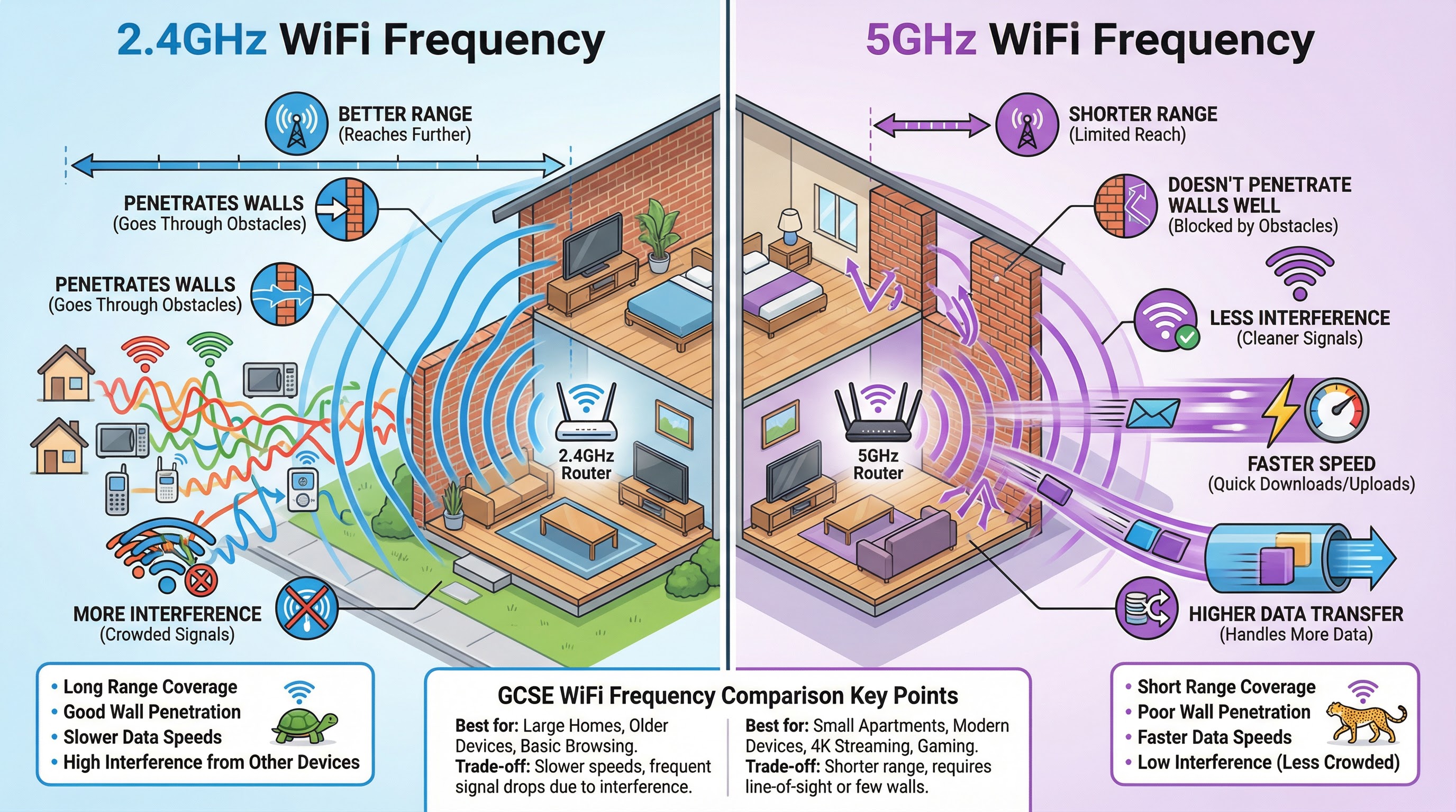 Comparison of 2.4GHz and 5GHz WiFi frequencies, showing the trade-off between range and speed.