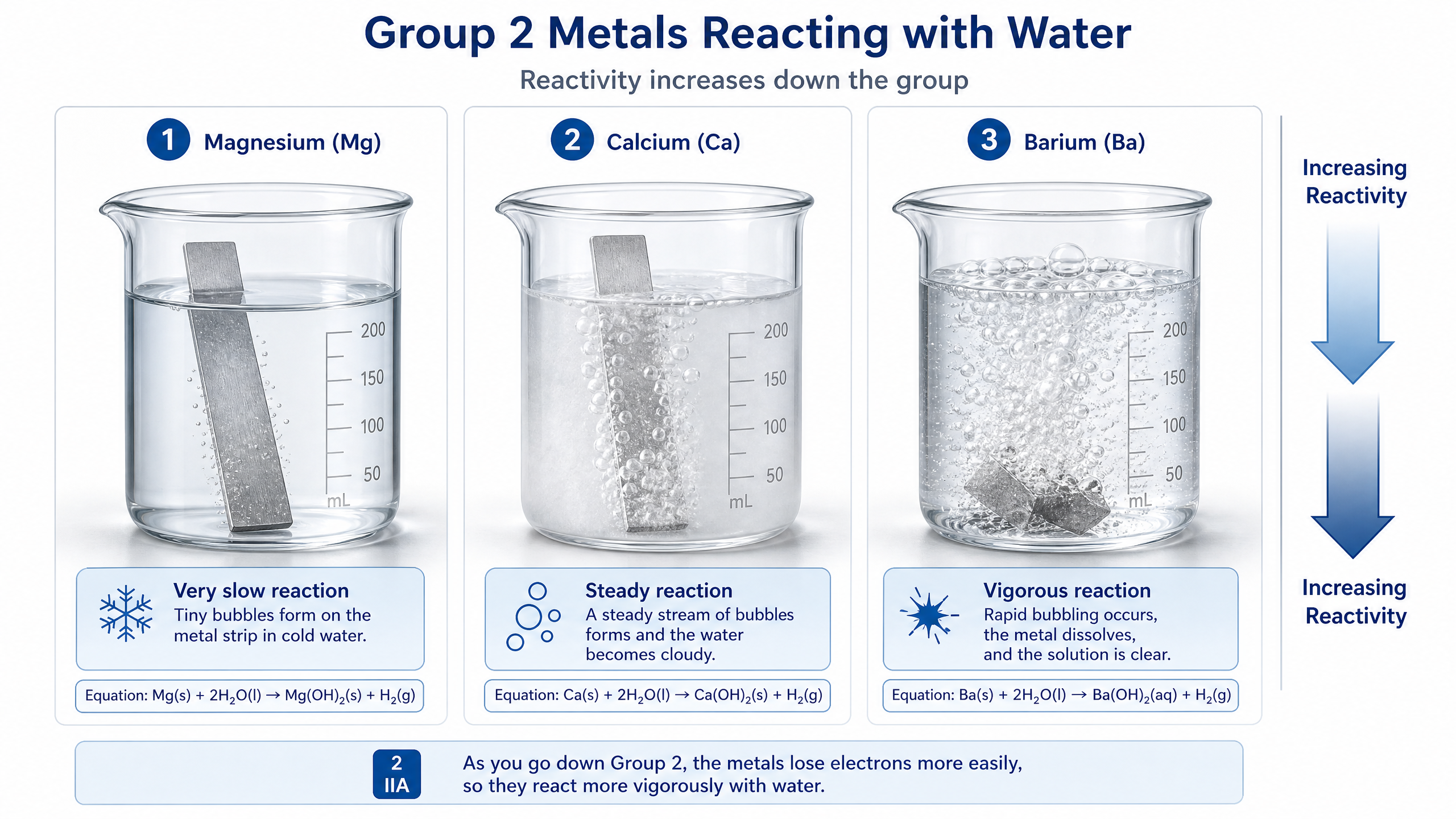 Water reactivity increases down Group 2