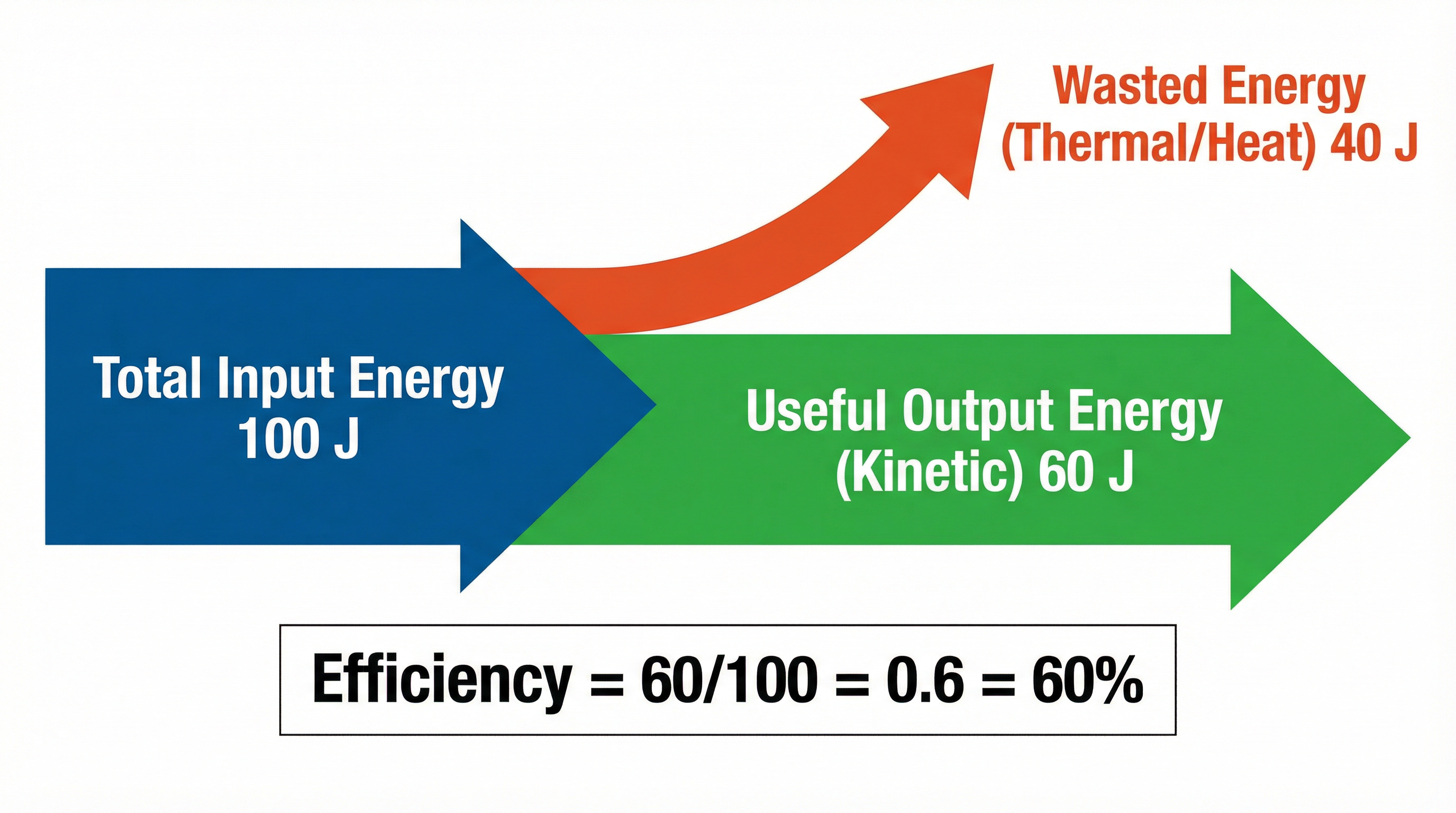 A Sankey diagram clearly shows how total input energy is split into useful and wasted outputs.