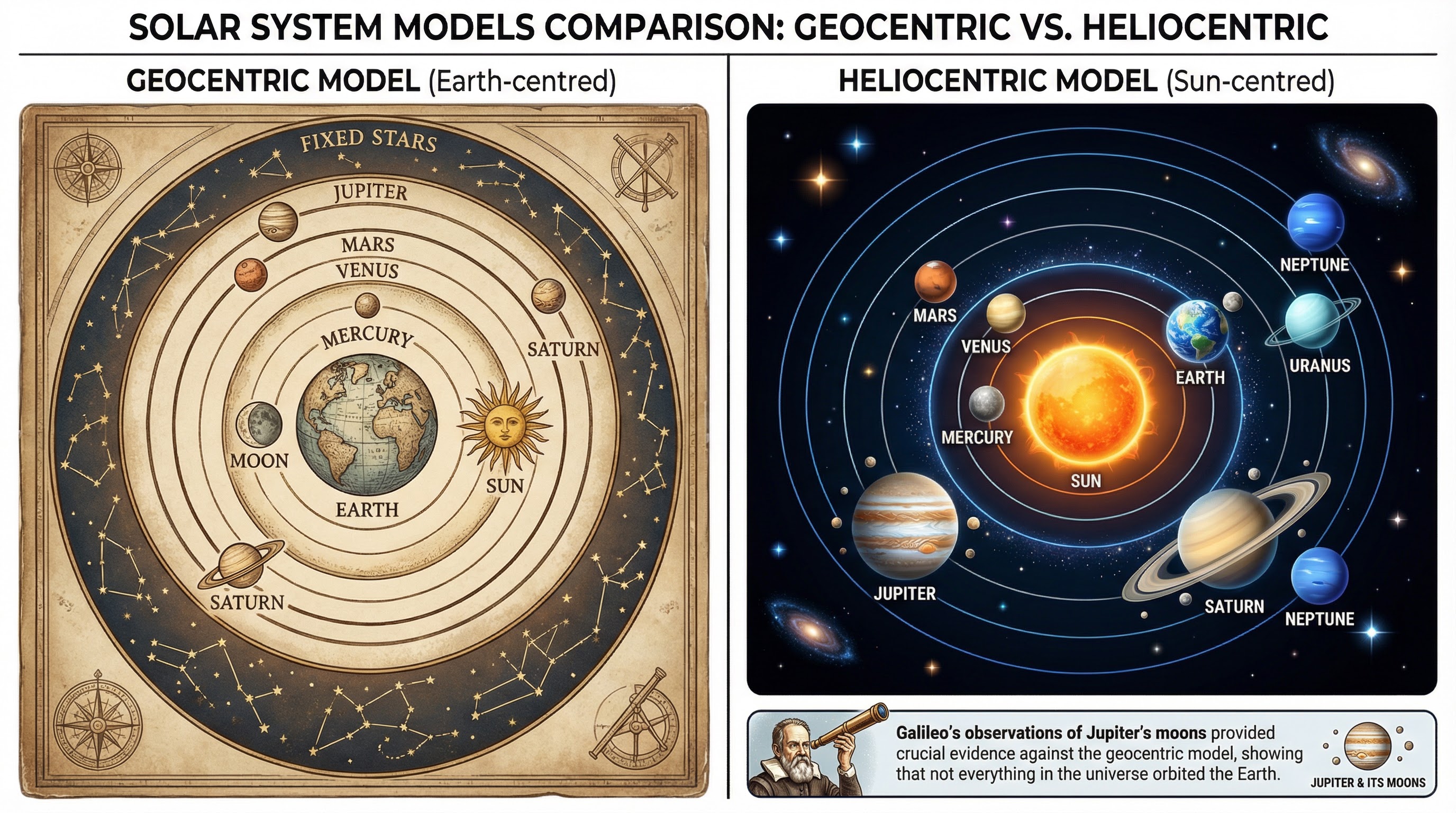 Comparing geocentric and heliocentric models of the Solar System