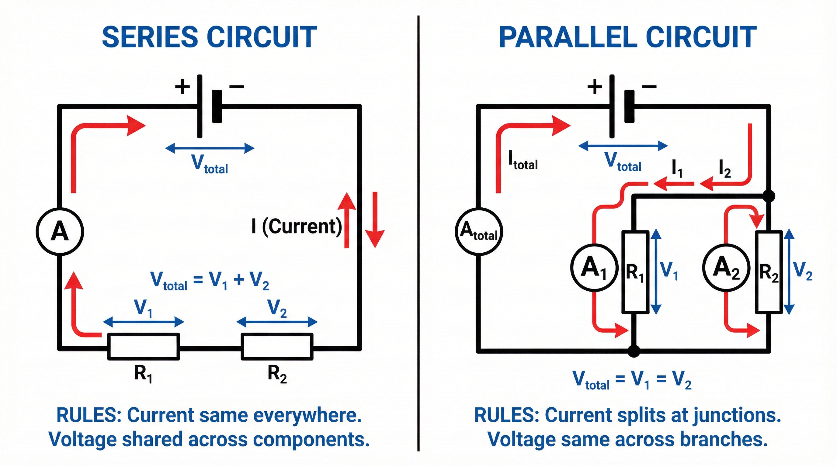 A comparison of how current and voltage behave in series versus parallel circuits.