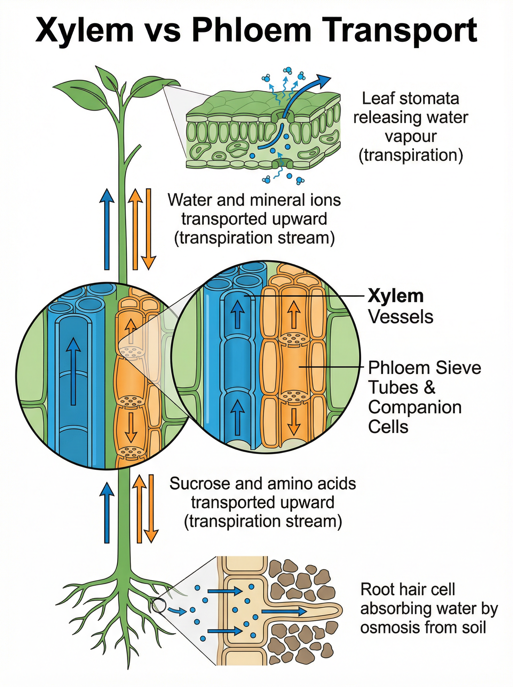 Xylem vs Phloem Transport in plants