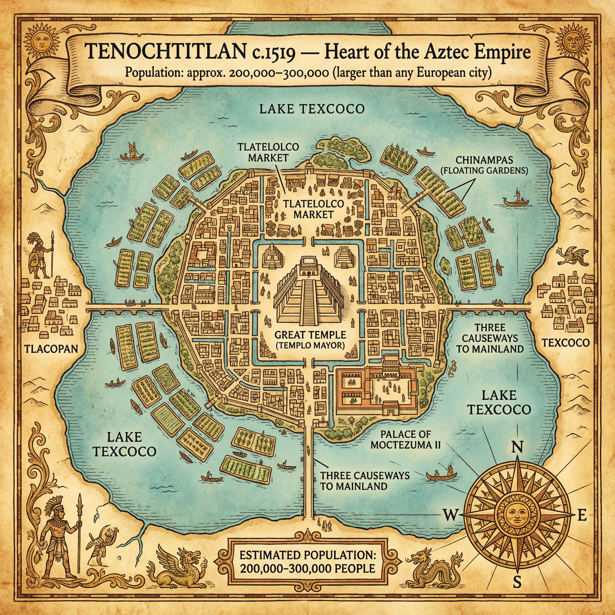 Tenochtitlan c.1519 — Heart of the Aztec Empire (population 200,000–300,000)