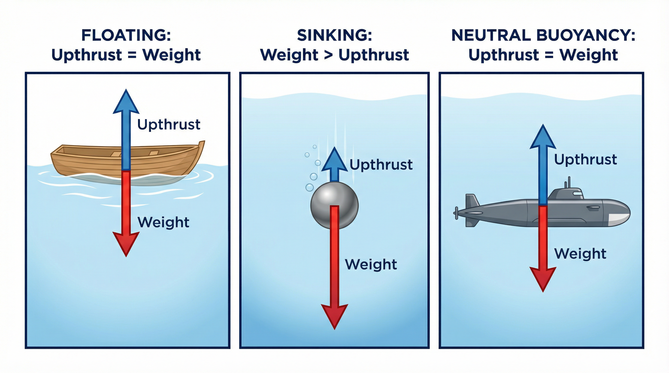Comparison of forces for floating, sinking, and neutral buoyancy.