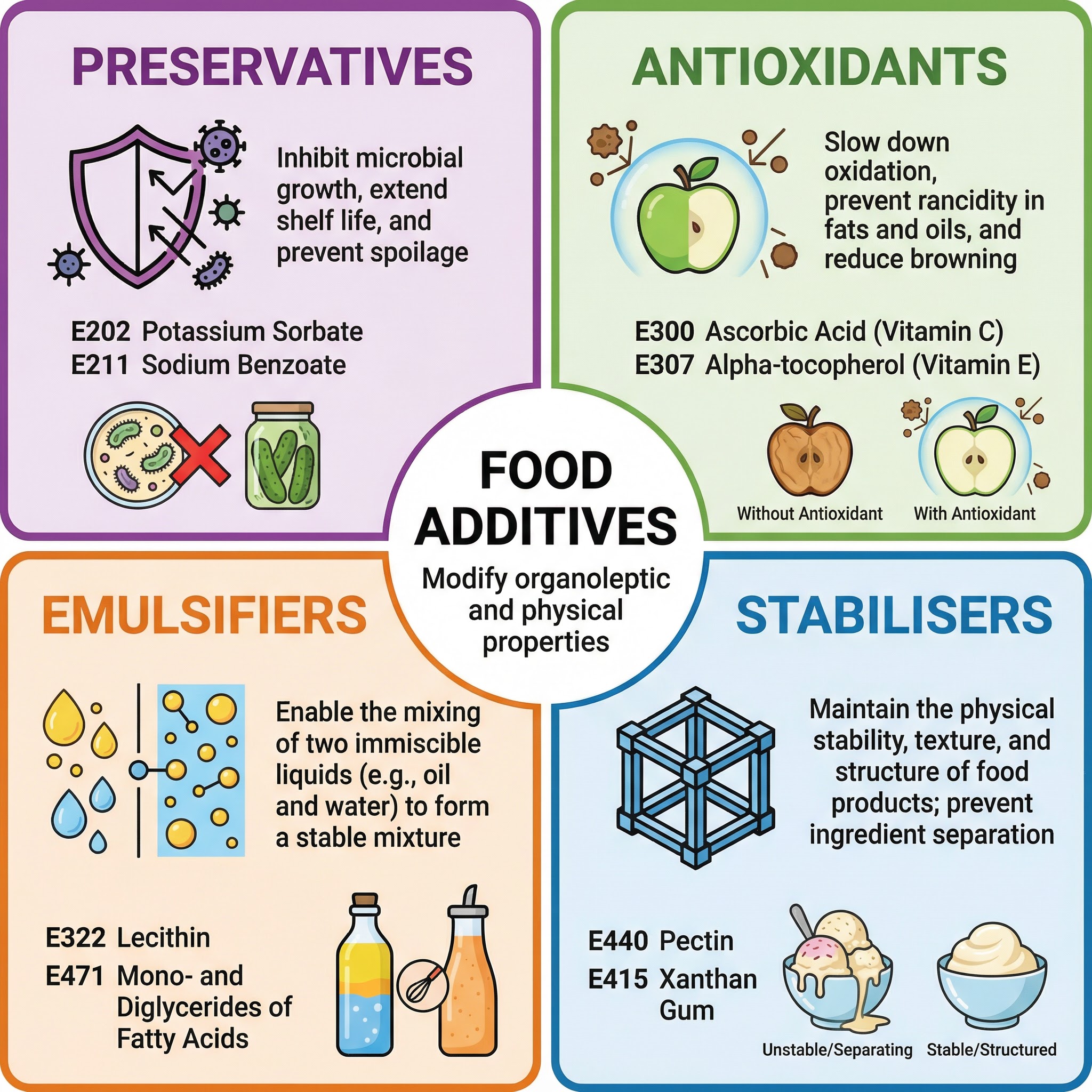 The four main groups of food additives and their functions.