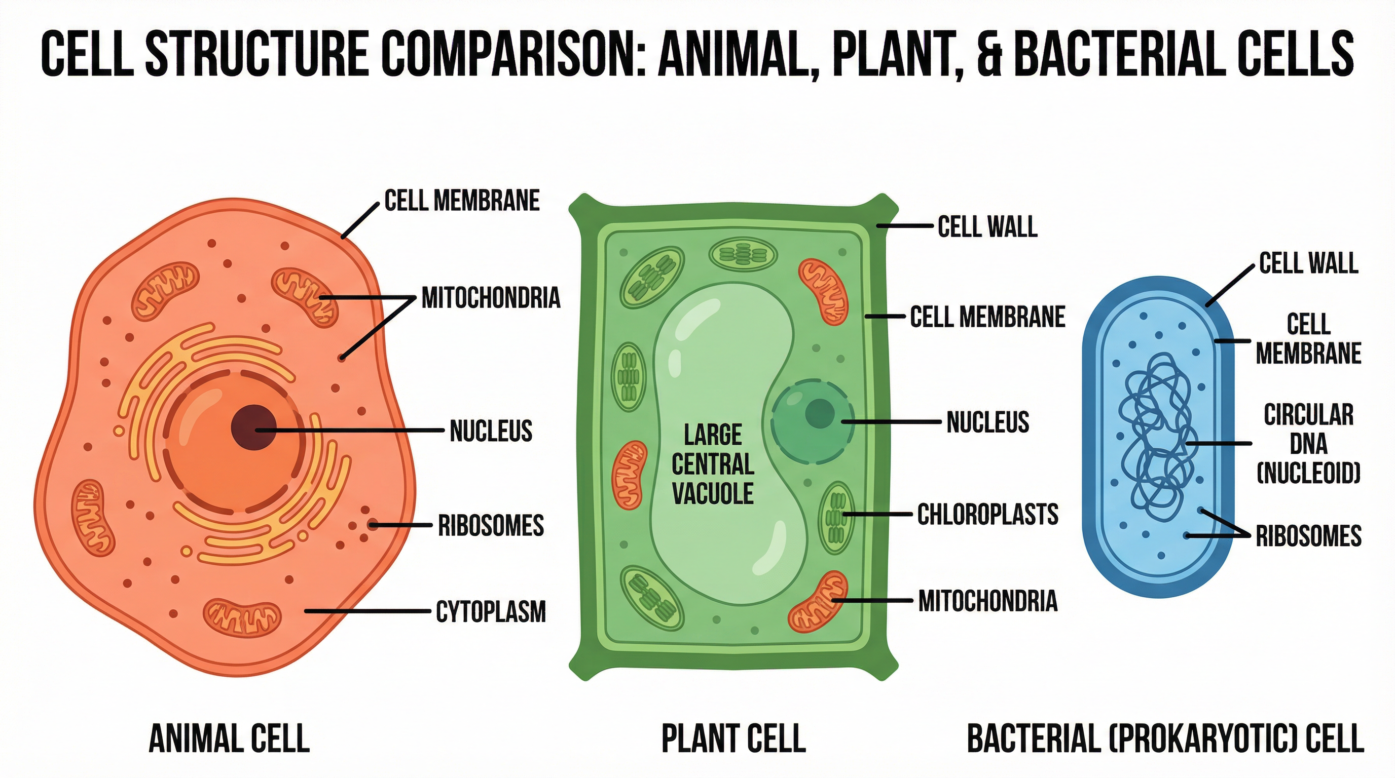 Comparison of Animal, Plant, and Bacterial Cells
