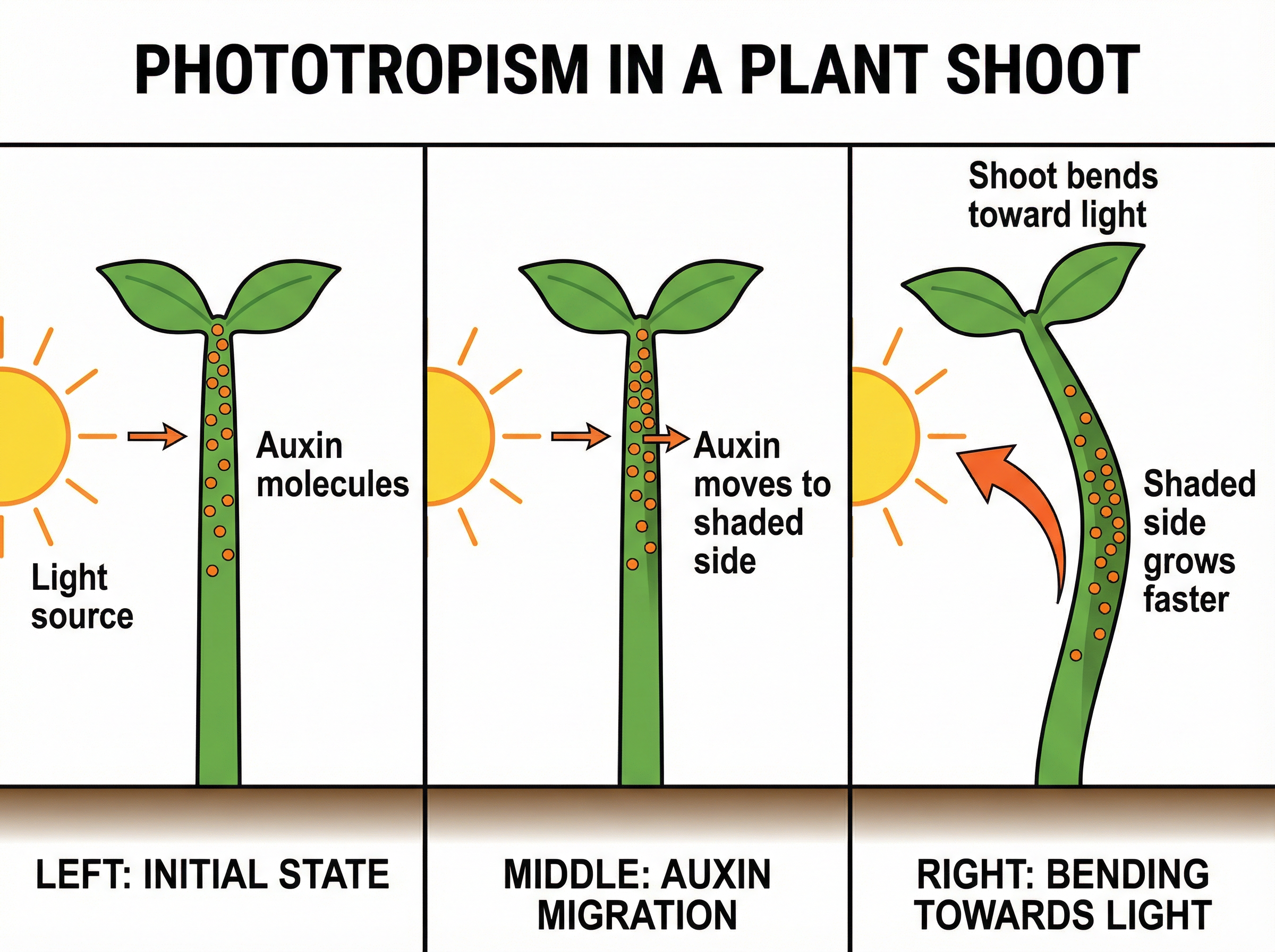 The mechanism of phototropism in a plant shoot.