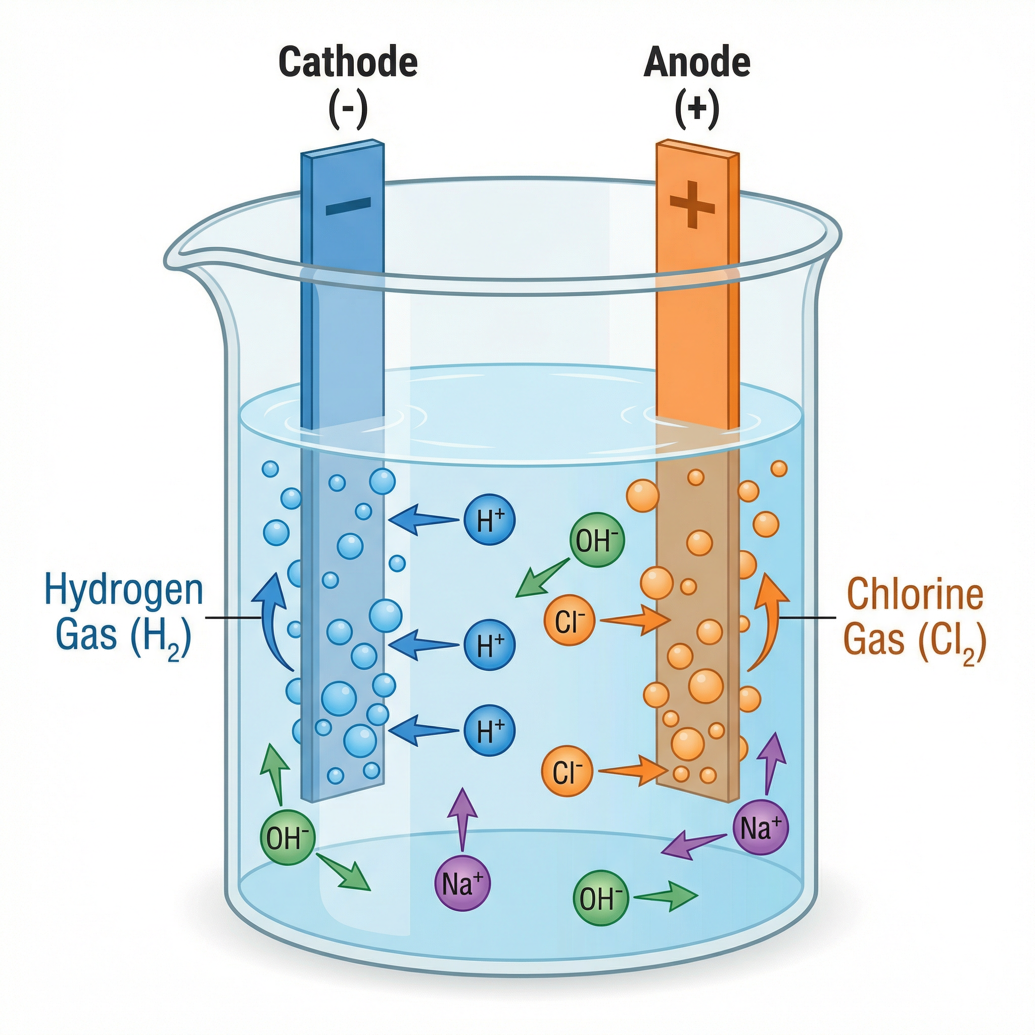 Diagram showing the migration of ions during the electrolysis of aqueous sodium chloride.