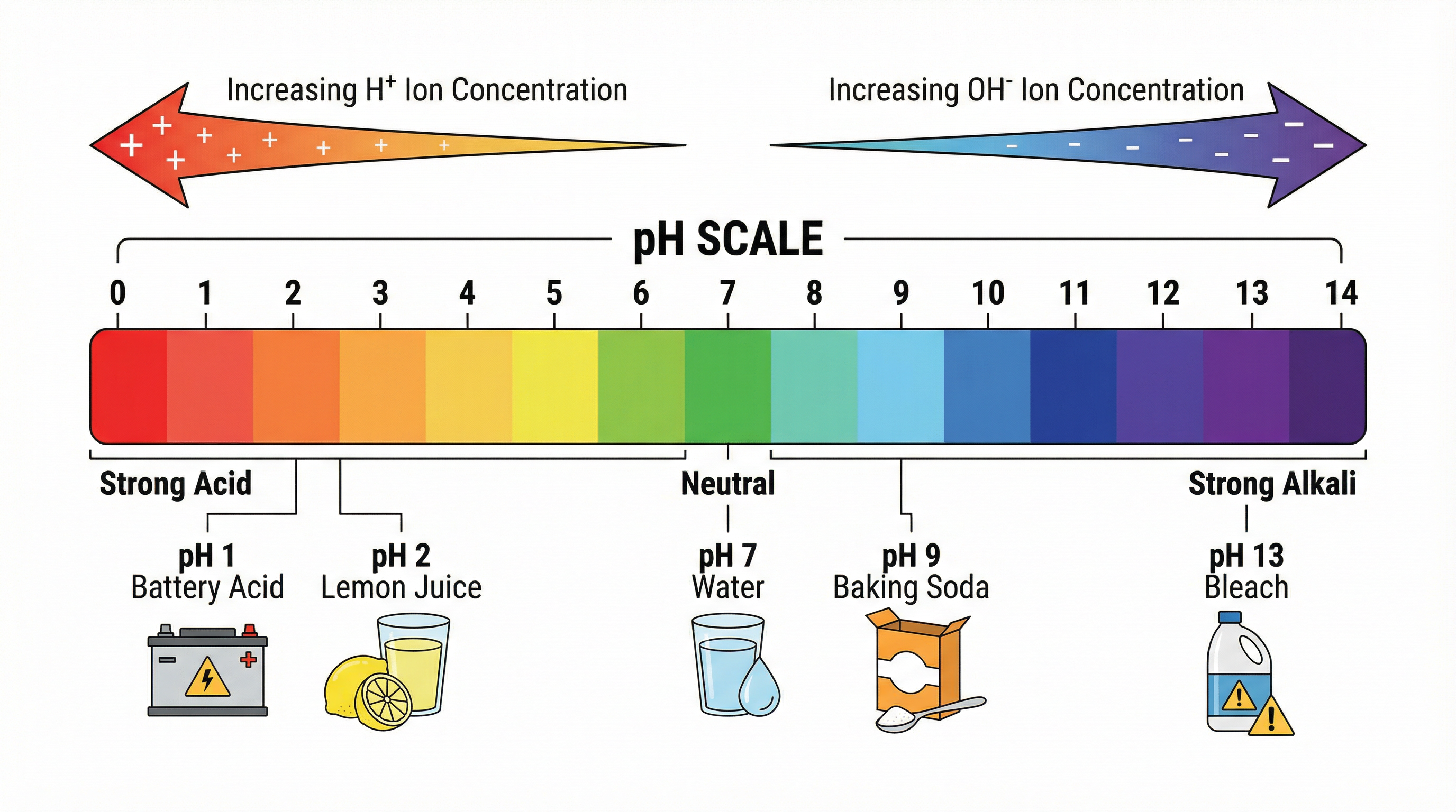 The pH scale, showing the relationship between pH value, acidity, and alkalinity.