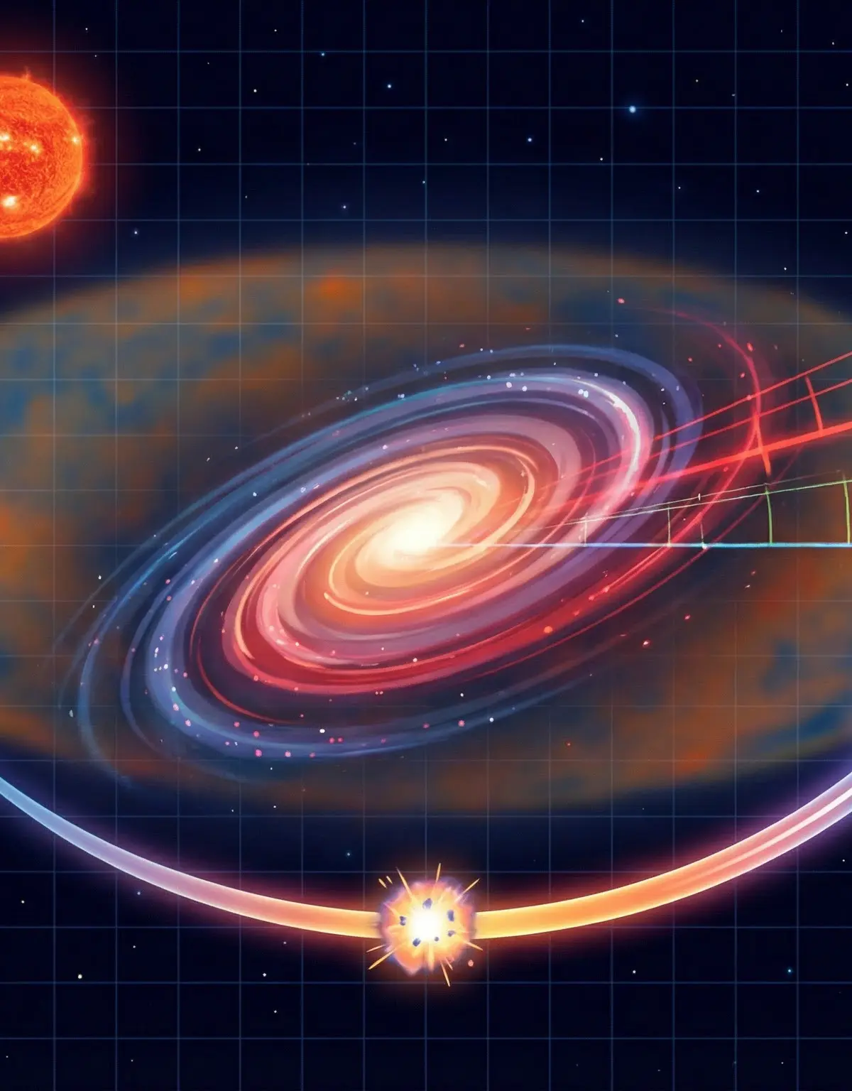 An artist's impression of key cosmological concepts, including stellar evolution and the expanding universe.