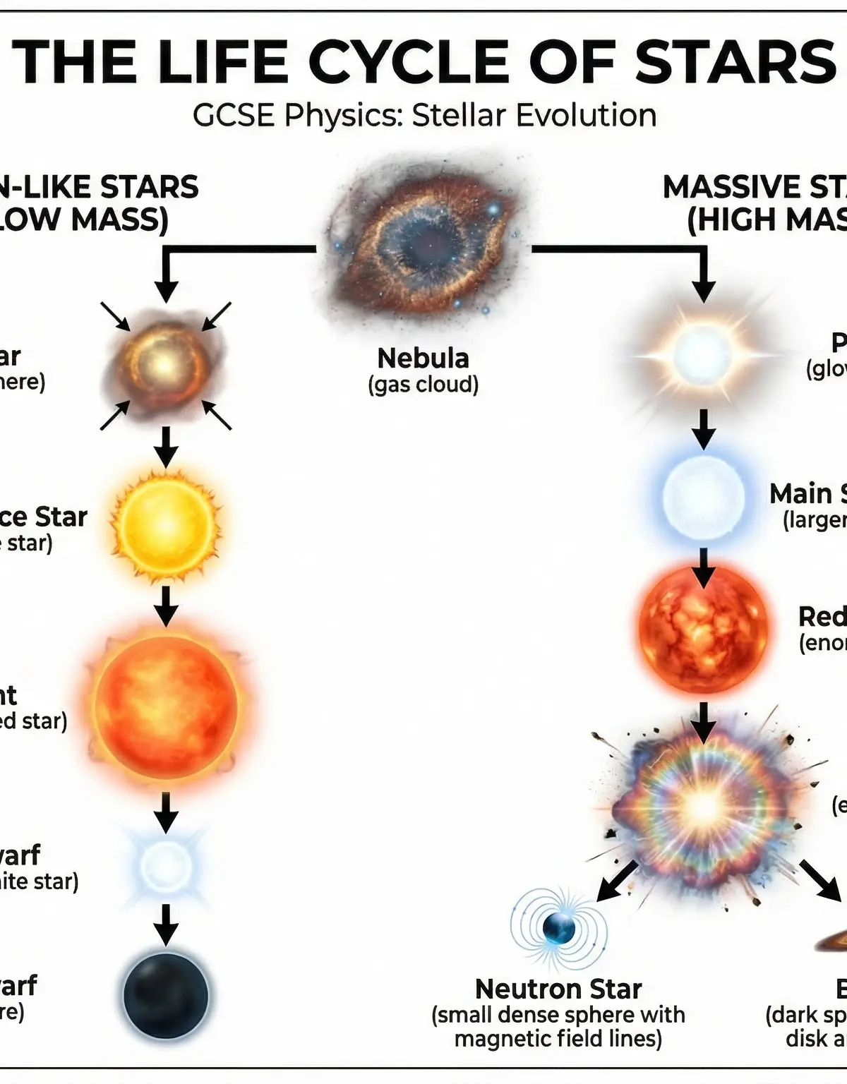The life cycle of stars, from nebula to their final stages.
