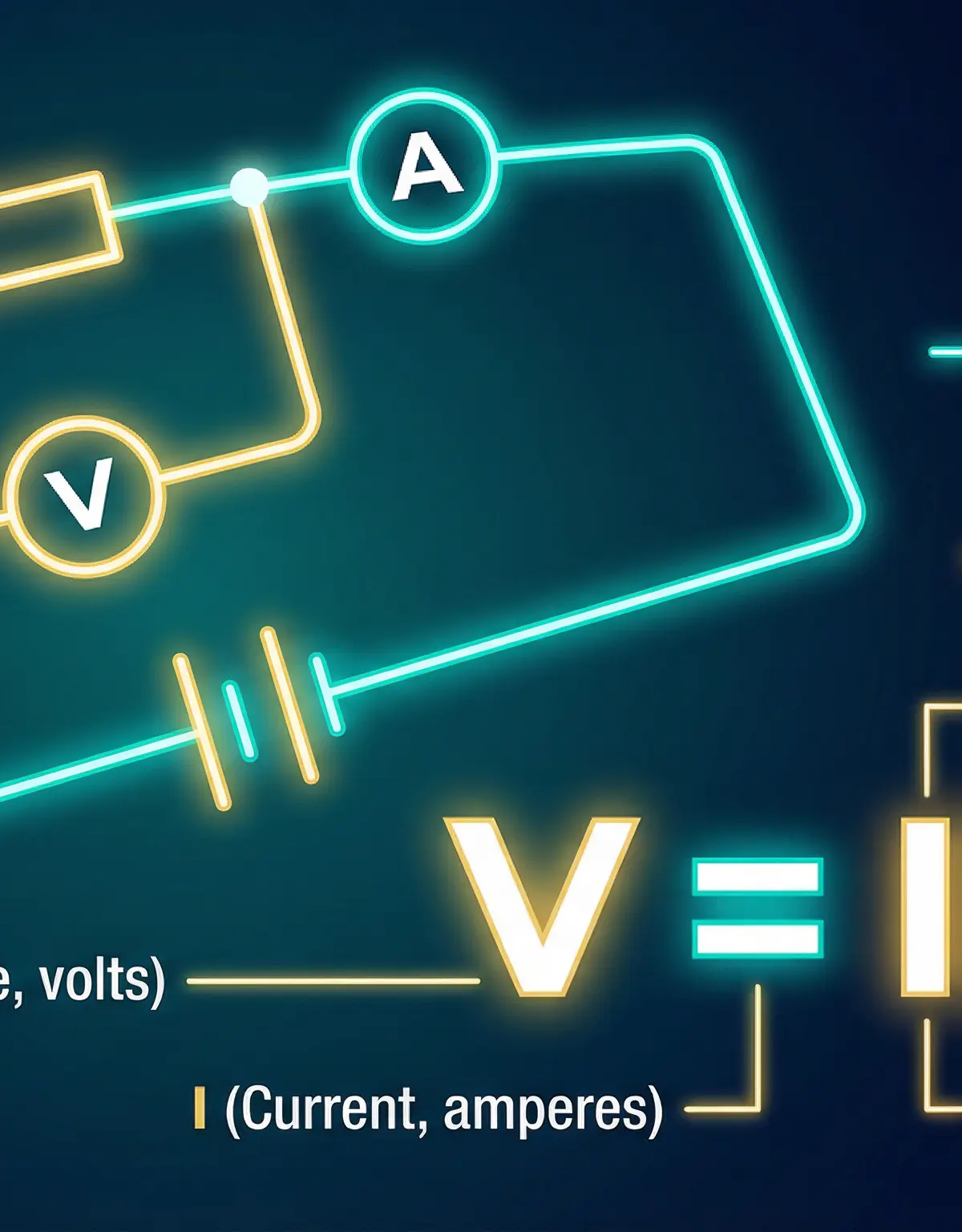 A visual summary of Ohm's Law, showing the V=IR formula, a basic circuit, and an I-V graph for an Ohmic conductor.