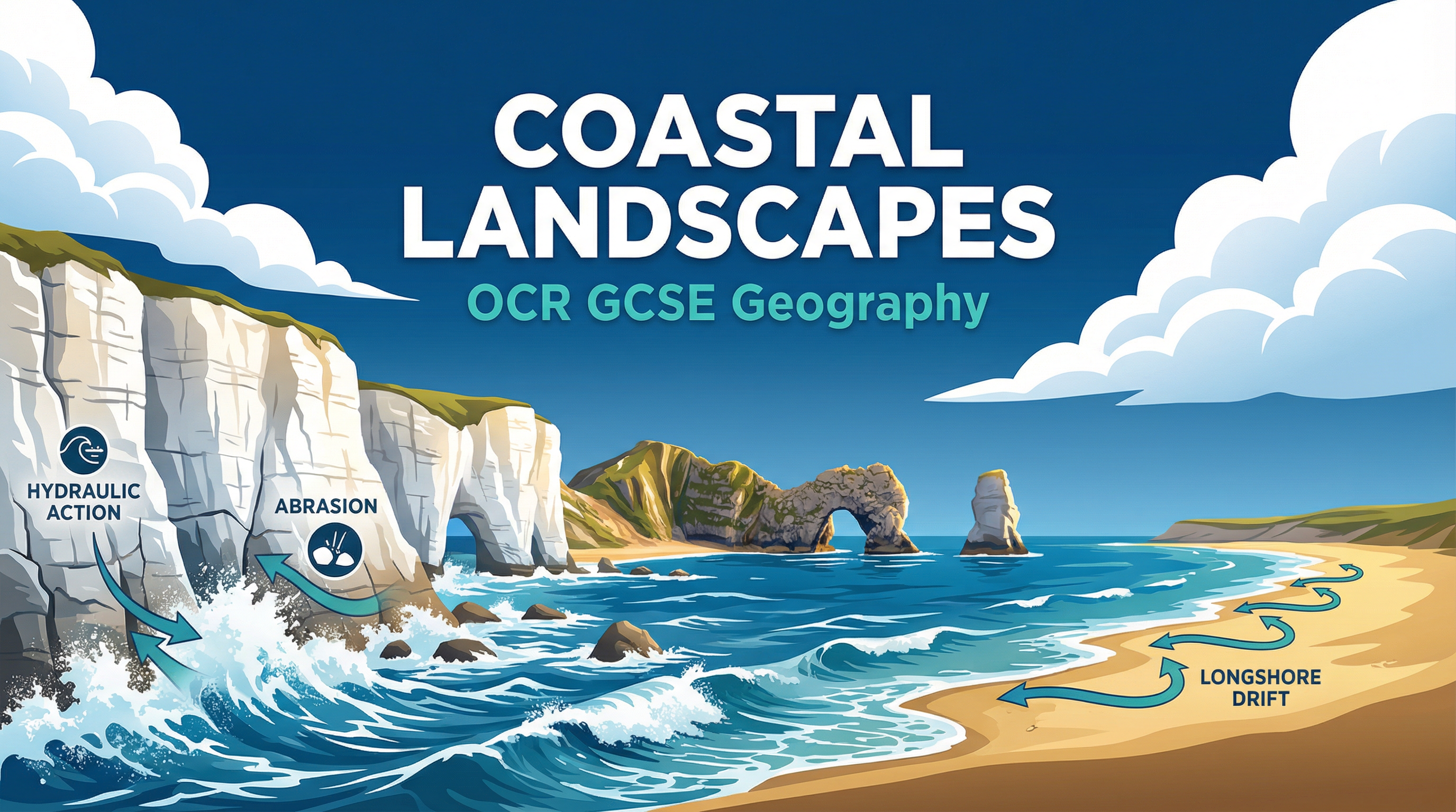 An illustration of a dynamic coastal landscape.
