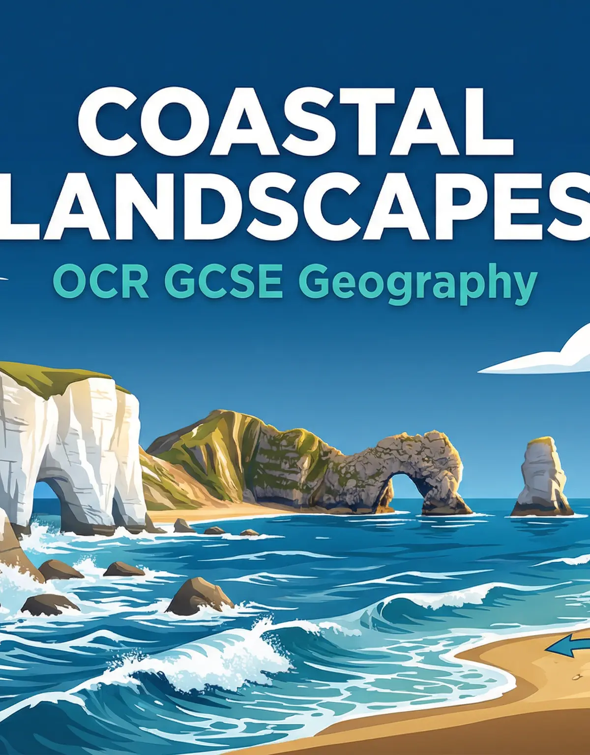 An illustration of a dynamic coastal landscape.