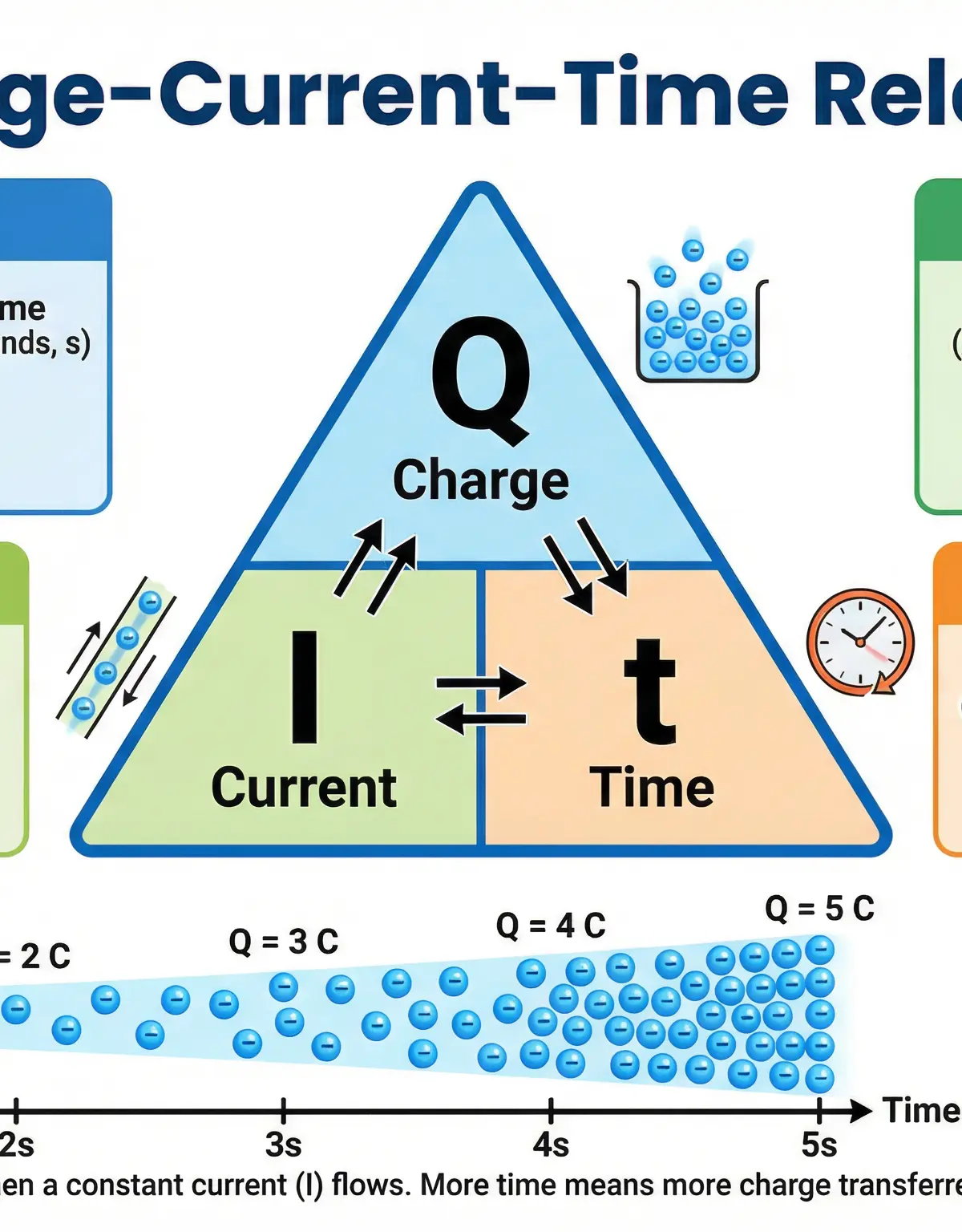 Visual guide to the Charge-Current-Time formula triangle and unit conversions.