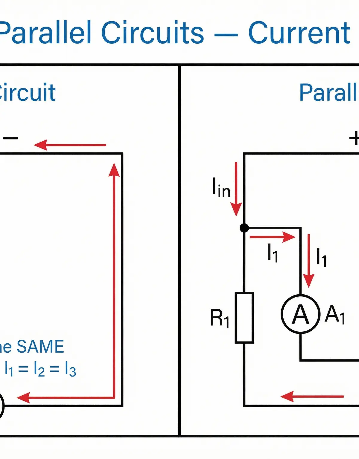 Diagram illustrating how current behaves differently in series (constant) and parallel (splits) circuits.