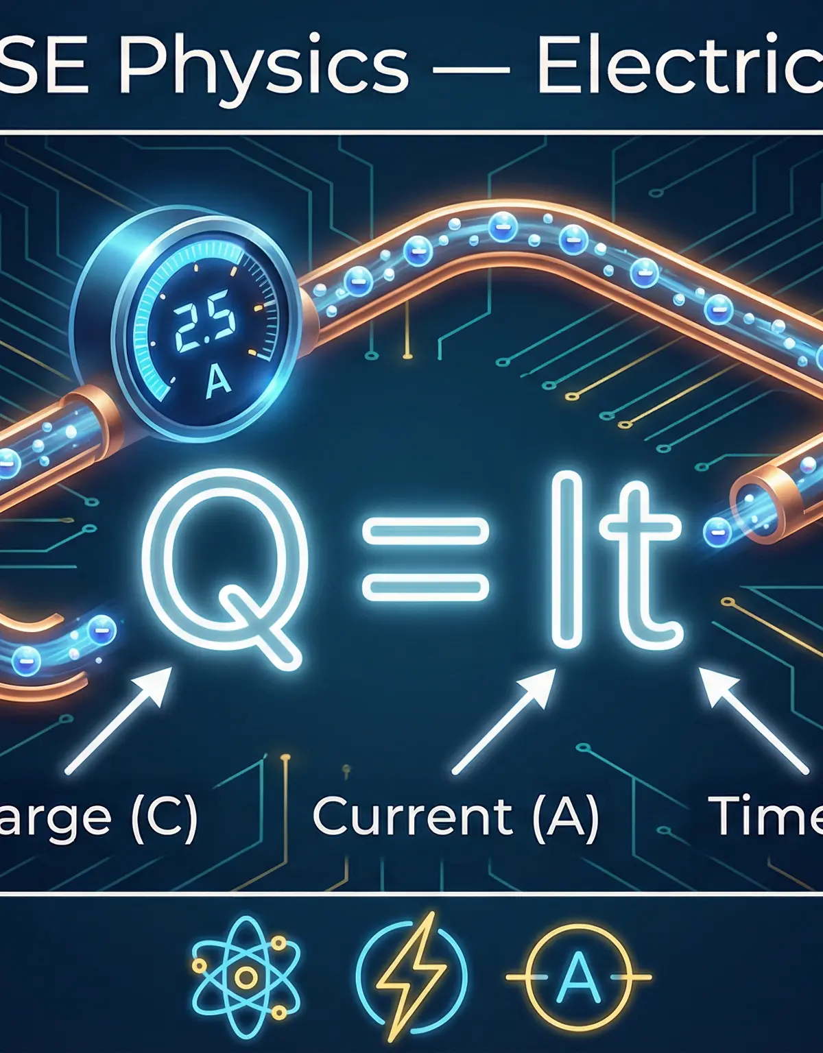 An illustrative overview of Electric Current, showing the Q=It relationship and circuit types.
