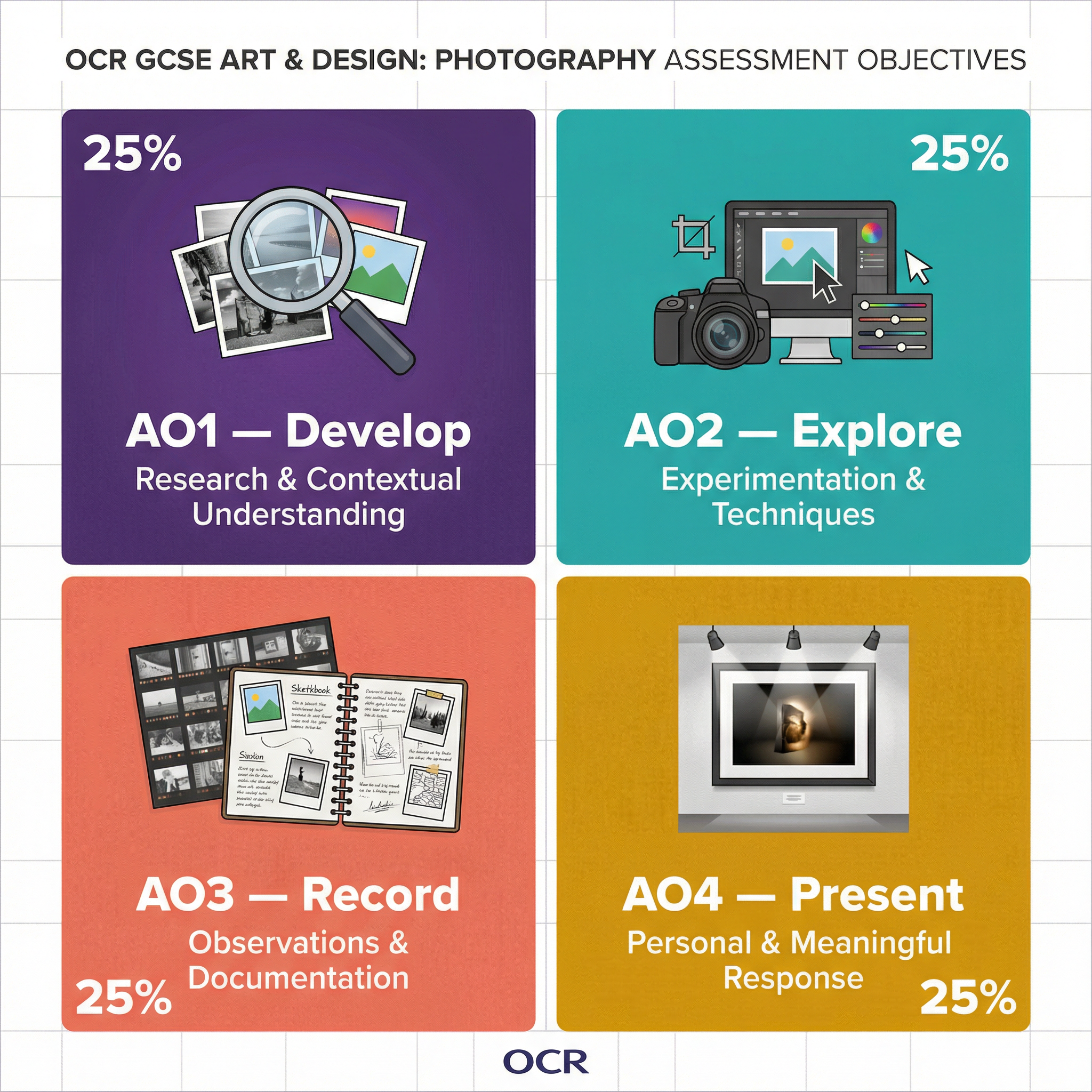 The four Assessment Objectives (AOs) are equally weighted at 25% each.