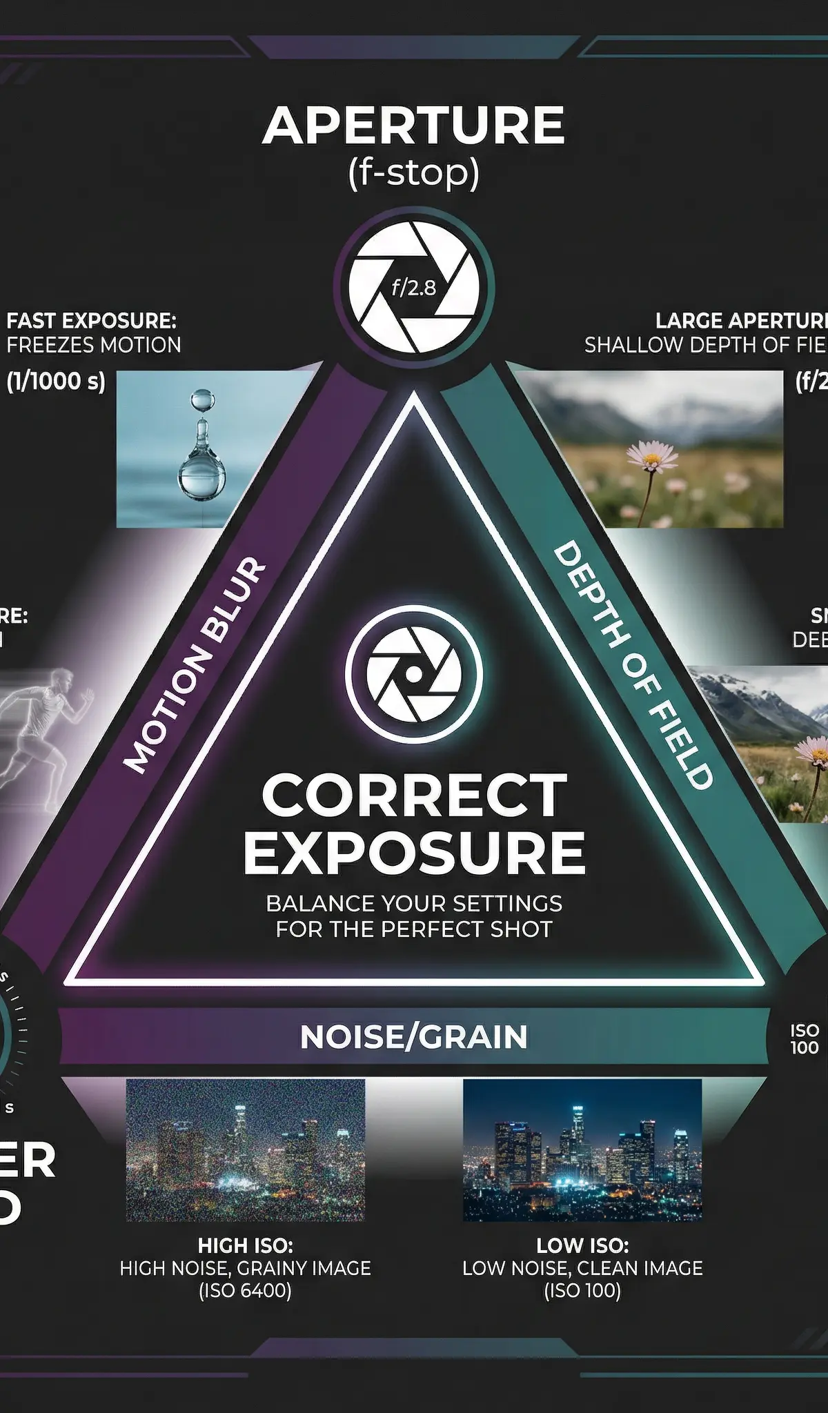 The Exposure Triangle: balancing the three core elements for a perfect shot.