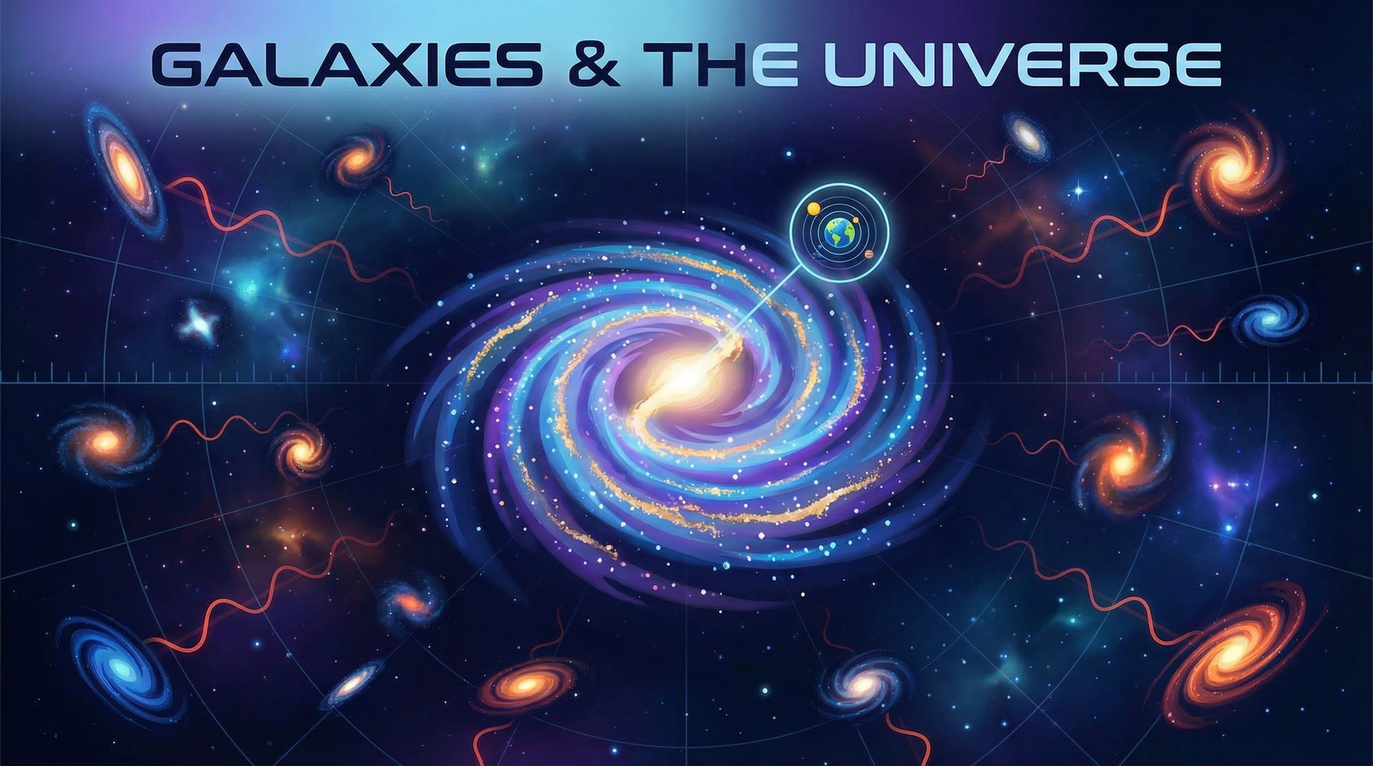 An illustration depicting the vastness of space, featuring multiple galaxies and a representation of our place within the Milky Way.