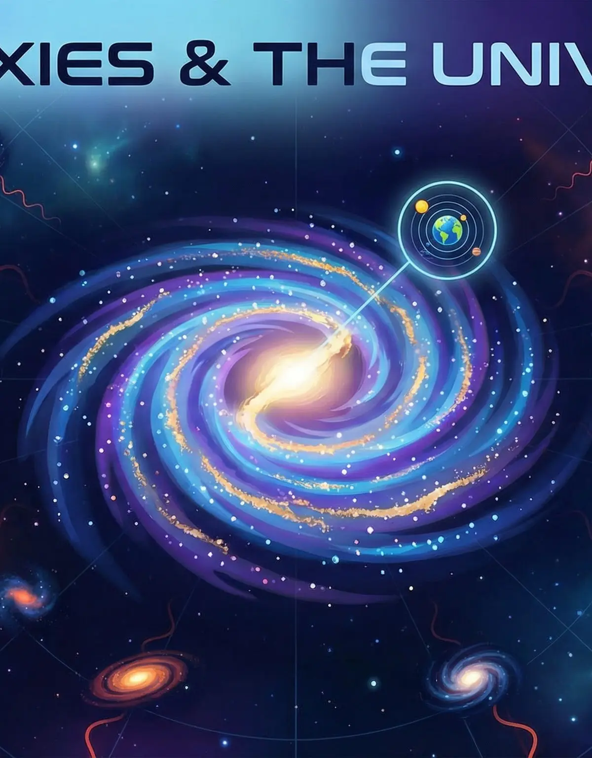 An illustration depicting the vastness of space, featuring multiple galaxies and a representation of our place within the Milky Way.