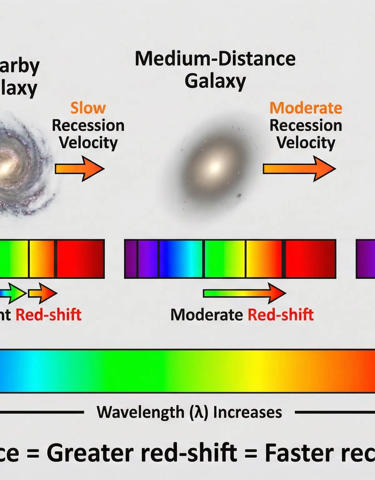 This diagram shows how light from more distant galaxies is red-shifted more, indicating they are moving away from us faster.