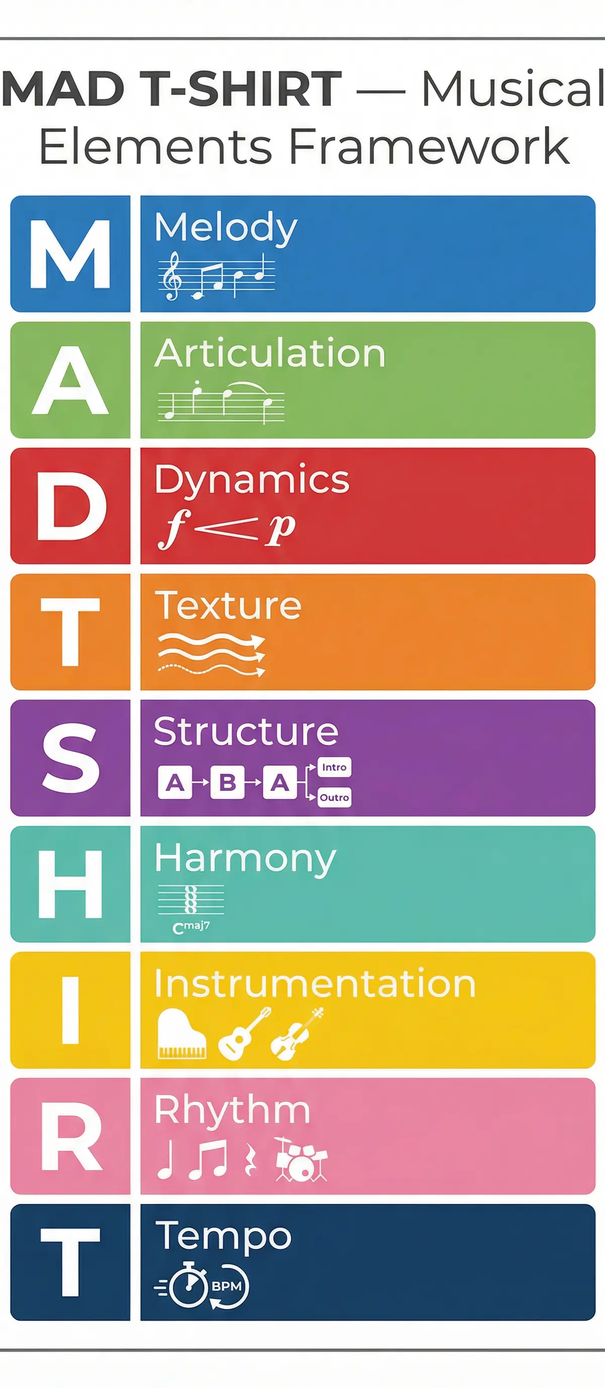 The MAD T-SHIRT framework for analysing musical elements.