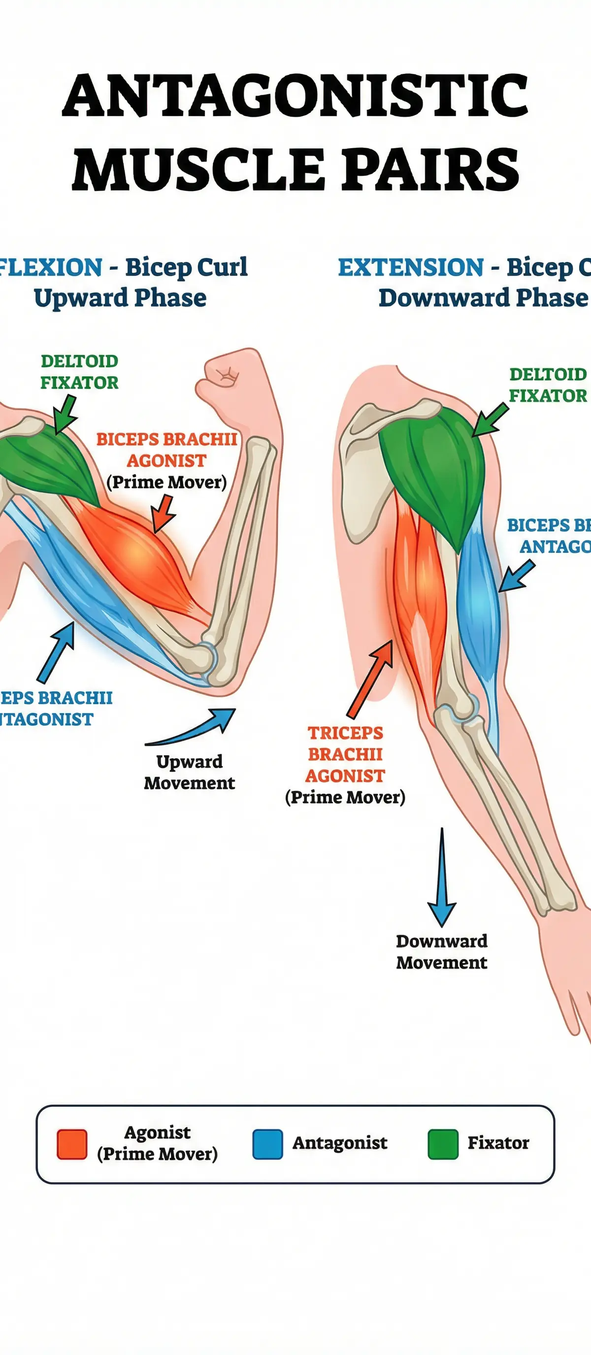 How antagonistic muscle pairs work to create movement.