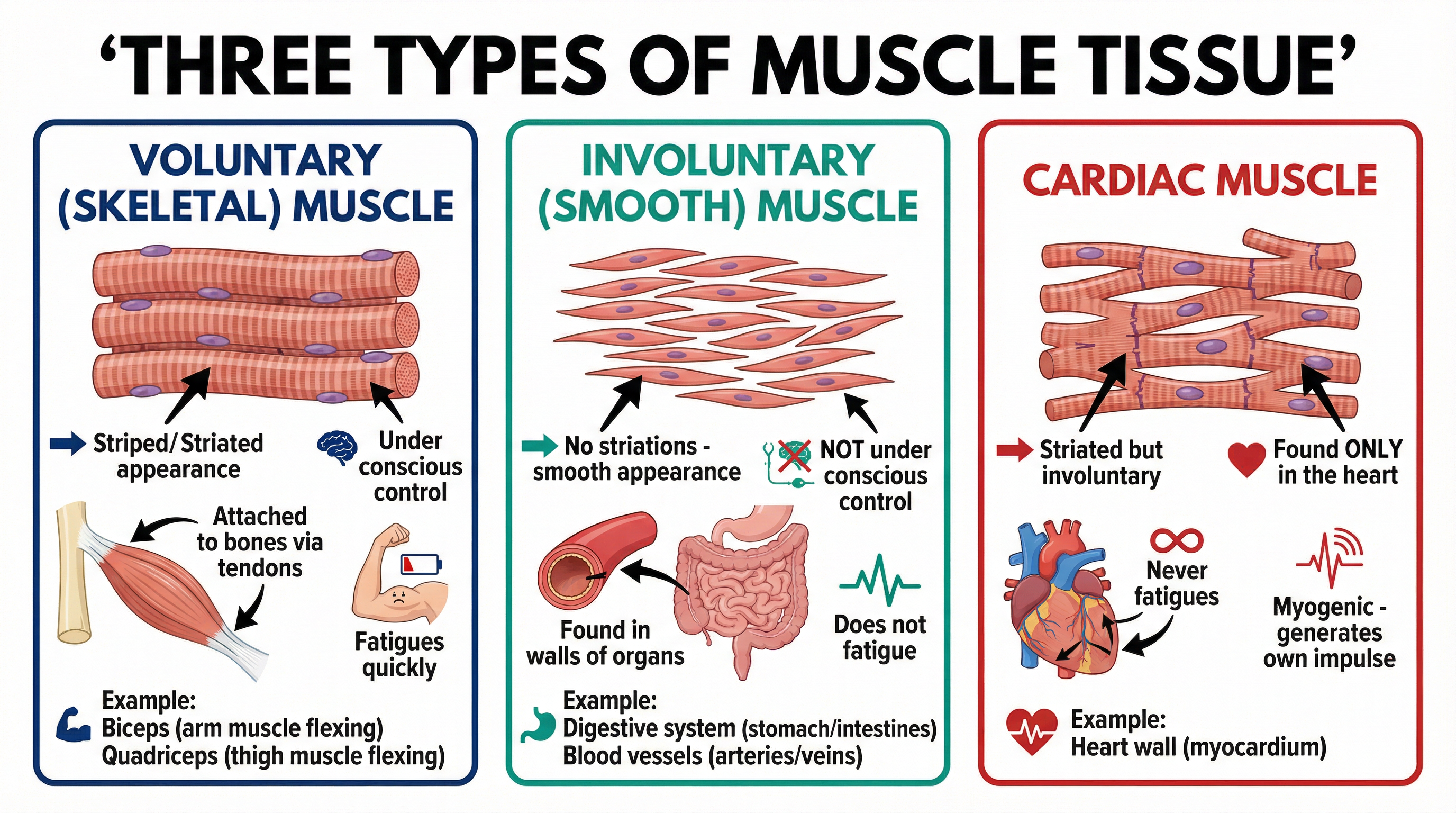 A visual guide to the three types of muscle tissue.