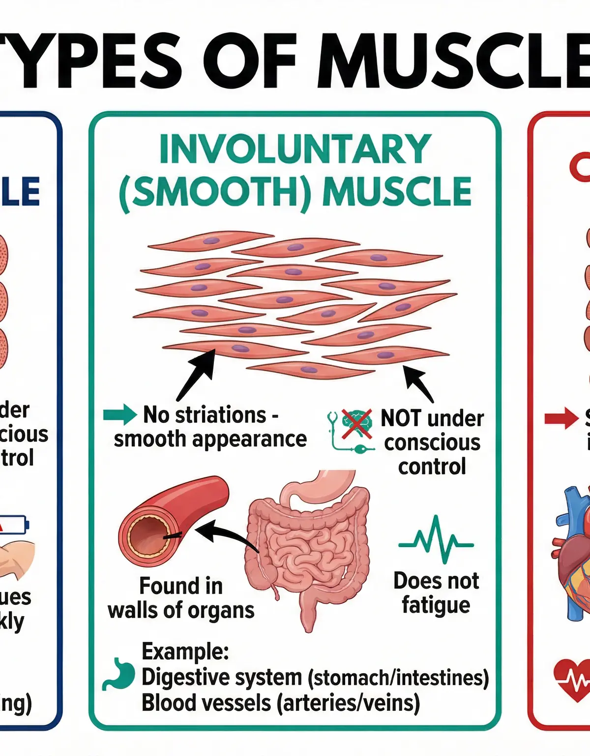 A visual guide to the three types of muscle tissue.