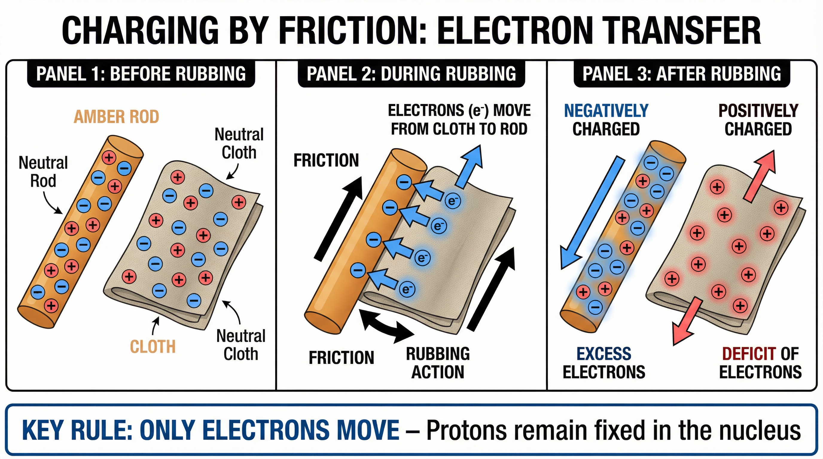 Charging by Friction: Electron Transfer — Before, During, and After Rubbing