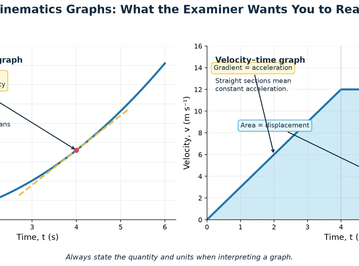 Reading gradients and areas in kinematics graphs