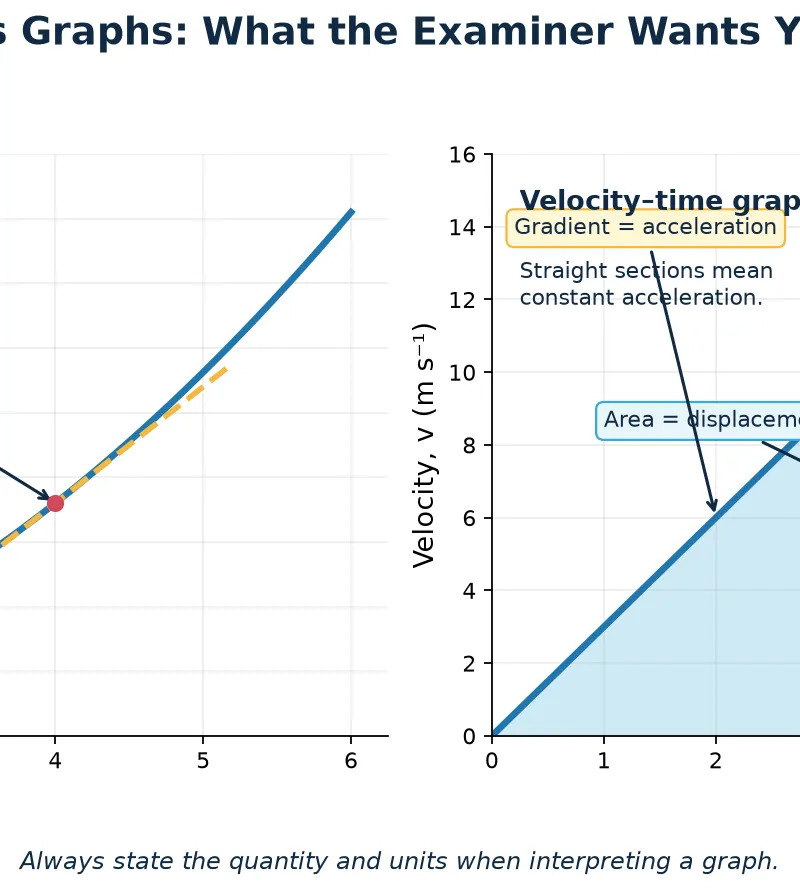 Reading gradients and areas in kinematics graphs