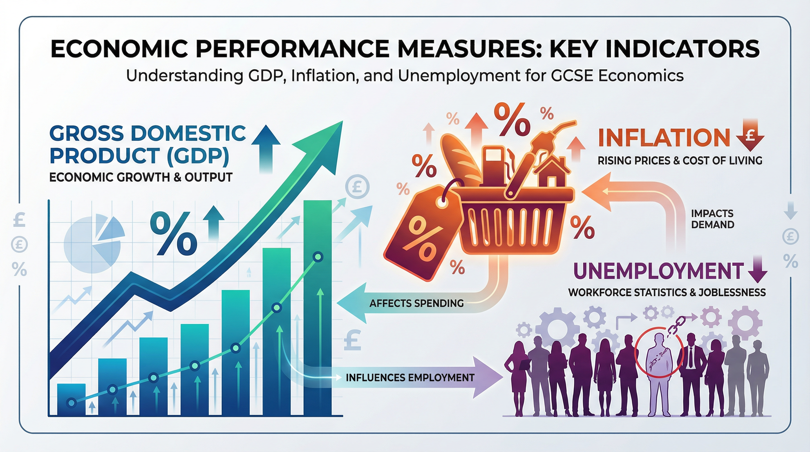 Measures of Economic Performance (GDP, Inflation, Unemployment) — OCR GCSE study guide illustration