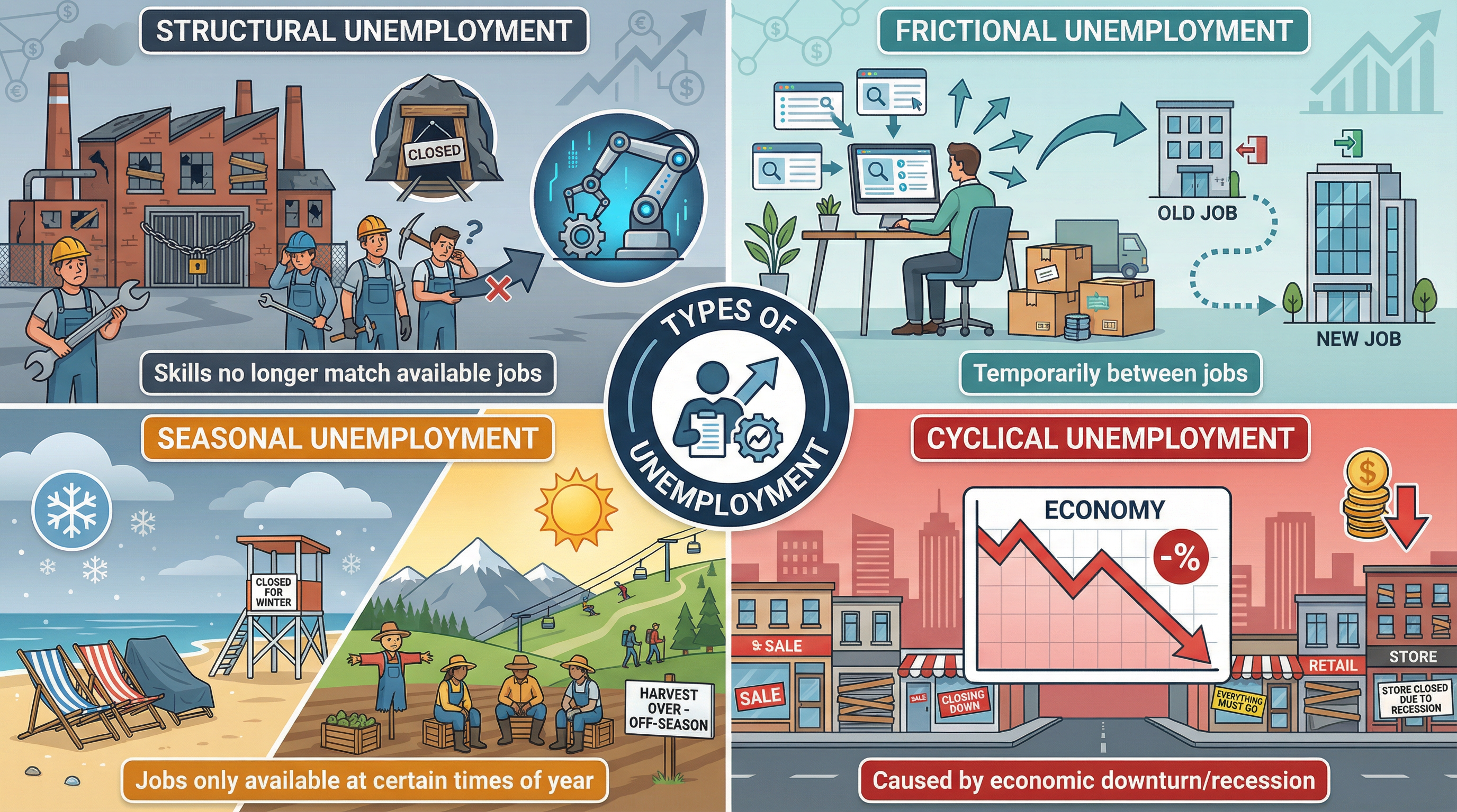 Four Types of Unemployment: Structural, Frictional, Seasonal, and Cyclical