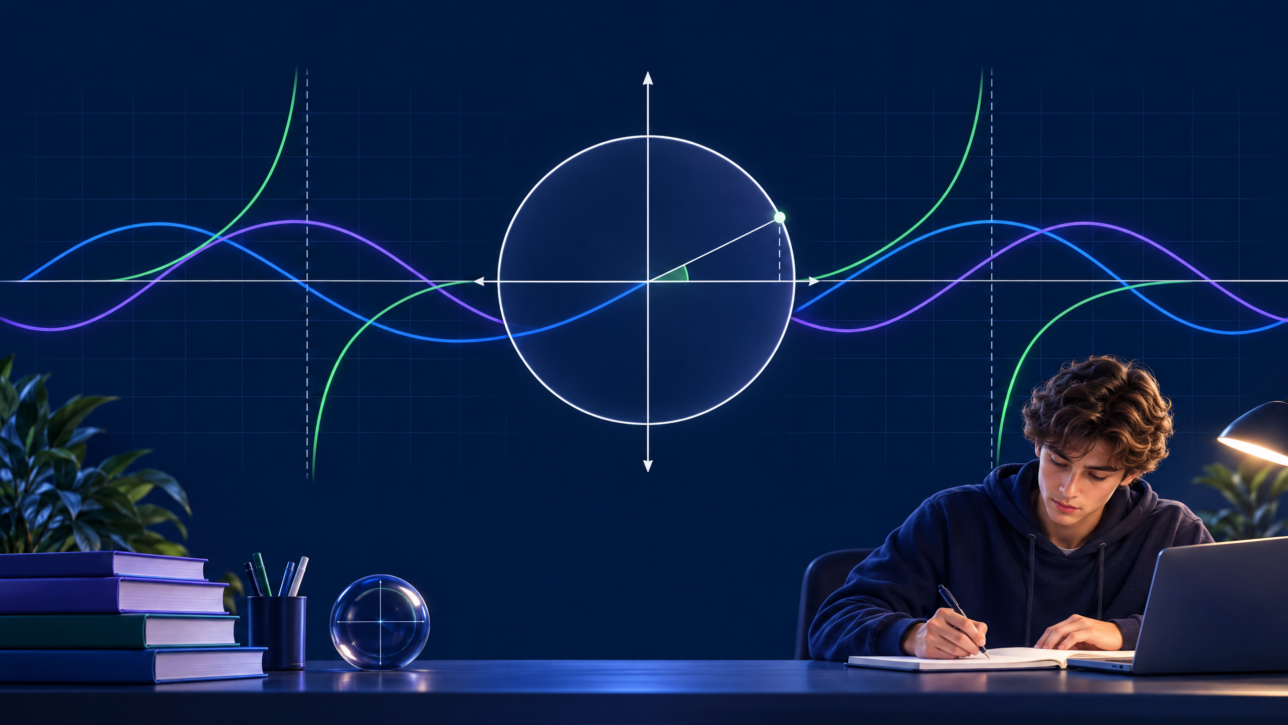 Small-angle approximations: curves and a unit-circle visual near the origin.